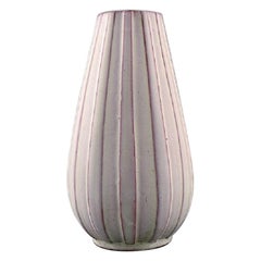 Upsala-Ekeby Vase in White Glazed Ceramics, Ribbed Design, 1950s