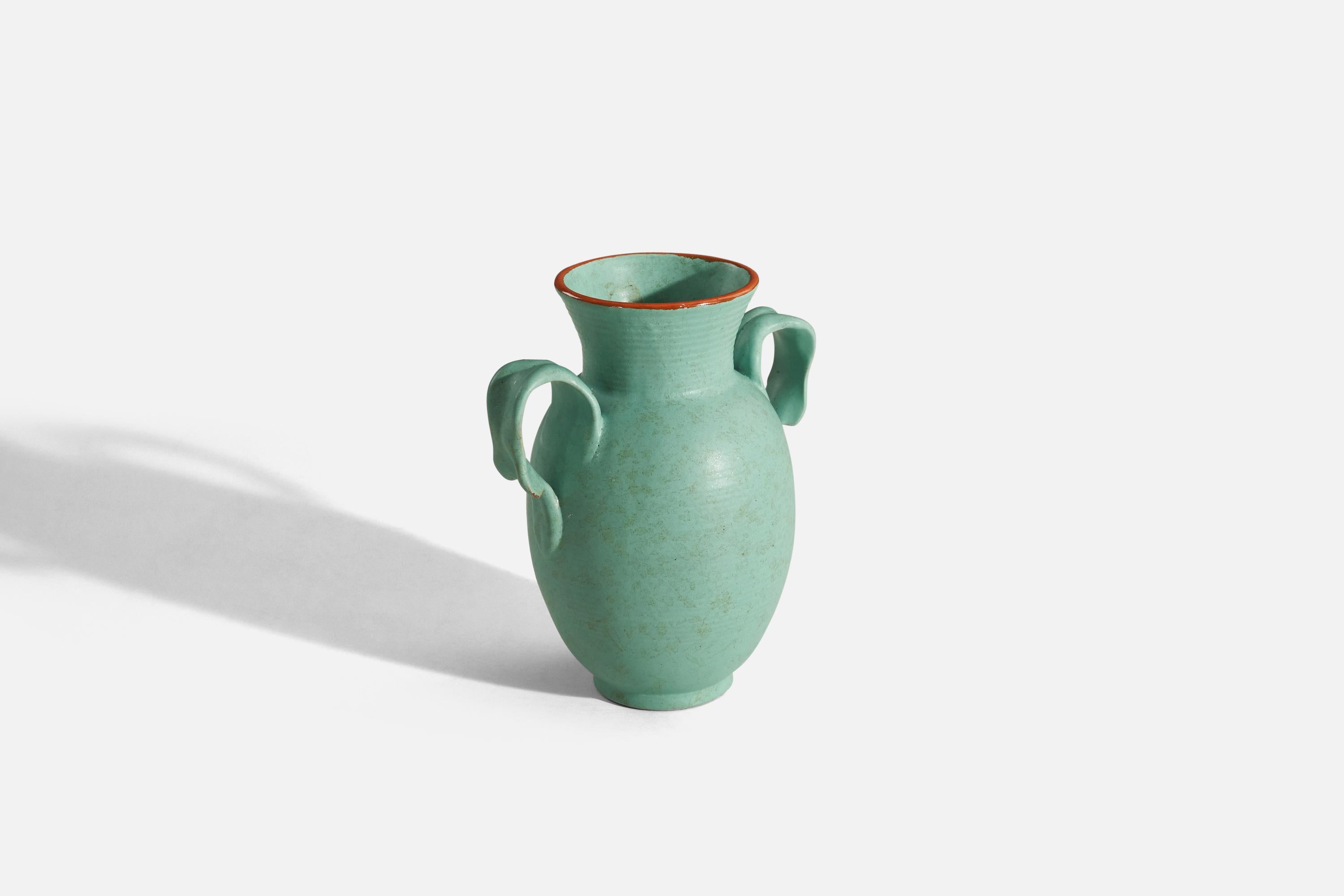 A light green, glazed earthenware vase designed and produced by Upsala-Ekeby, Sweden, 1940s. 

