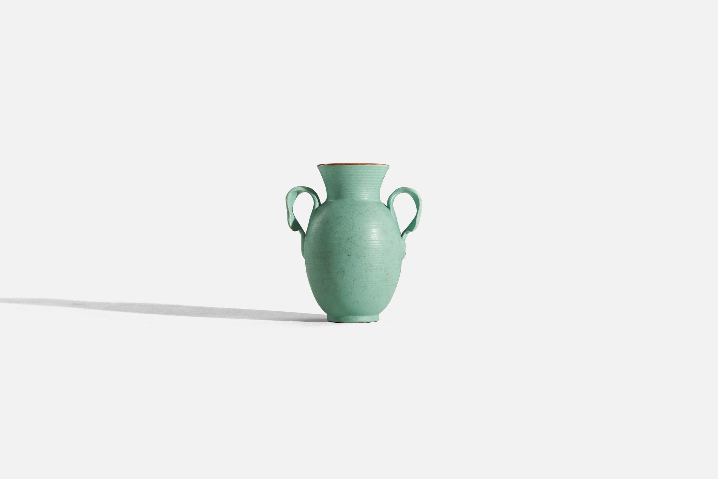 Scandinavian Modern Upsala-Ekeby, Vase, Light Green-Glazed Earthenware, Sweden, 1940s For Sale