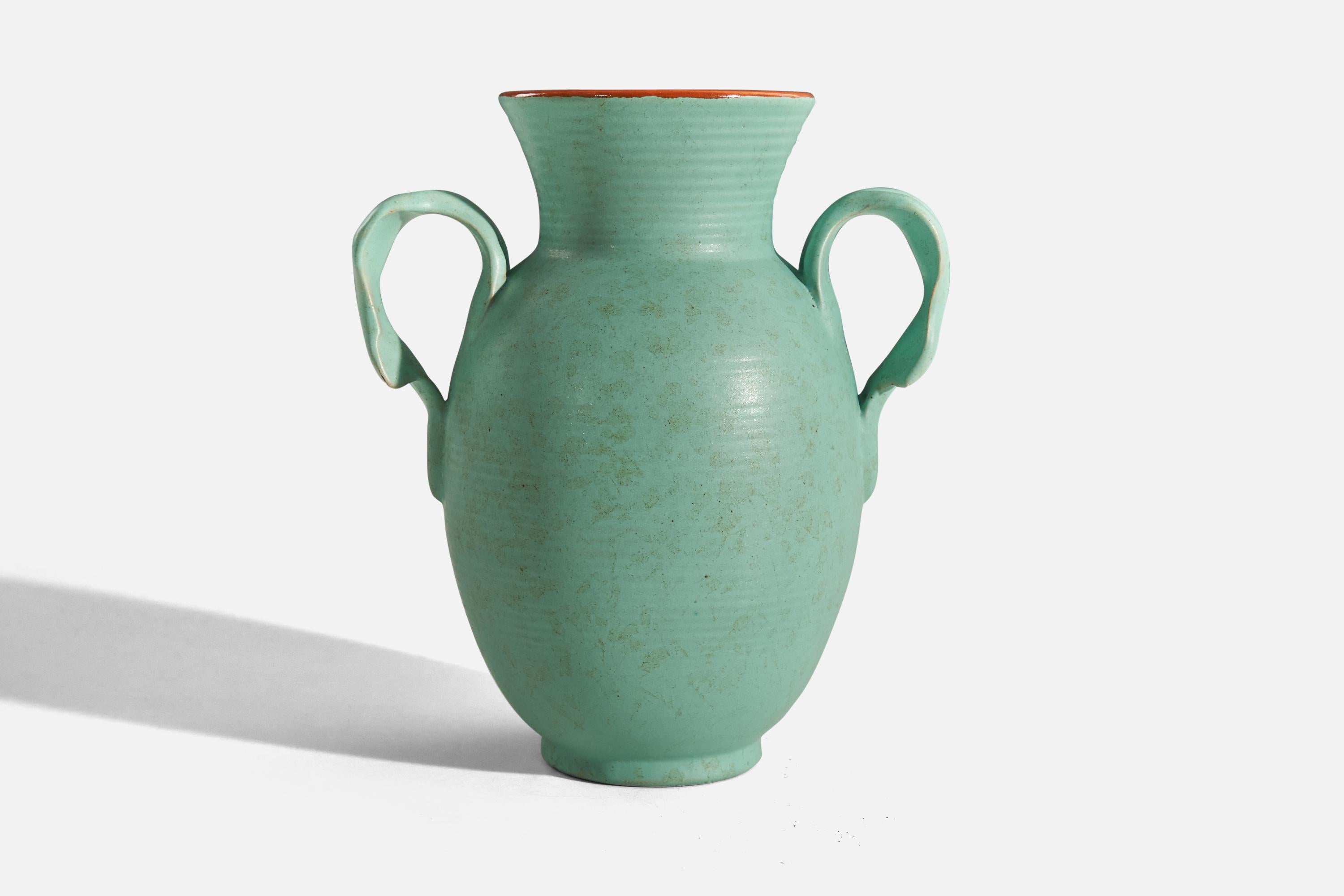 Upsala-Ekeby, Vase, Light Green-Glazed Earthenware, Sweden, 1940s In Good Condition For Sale In High Point, NC