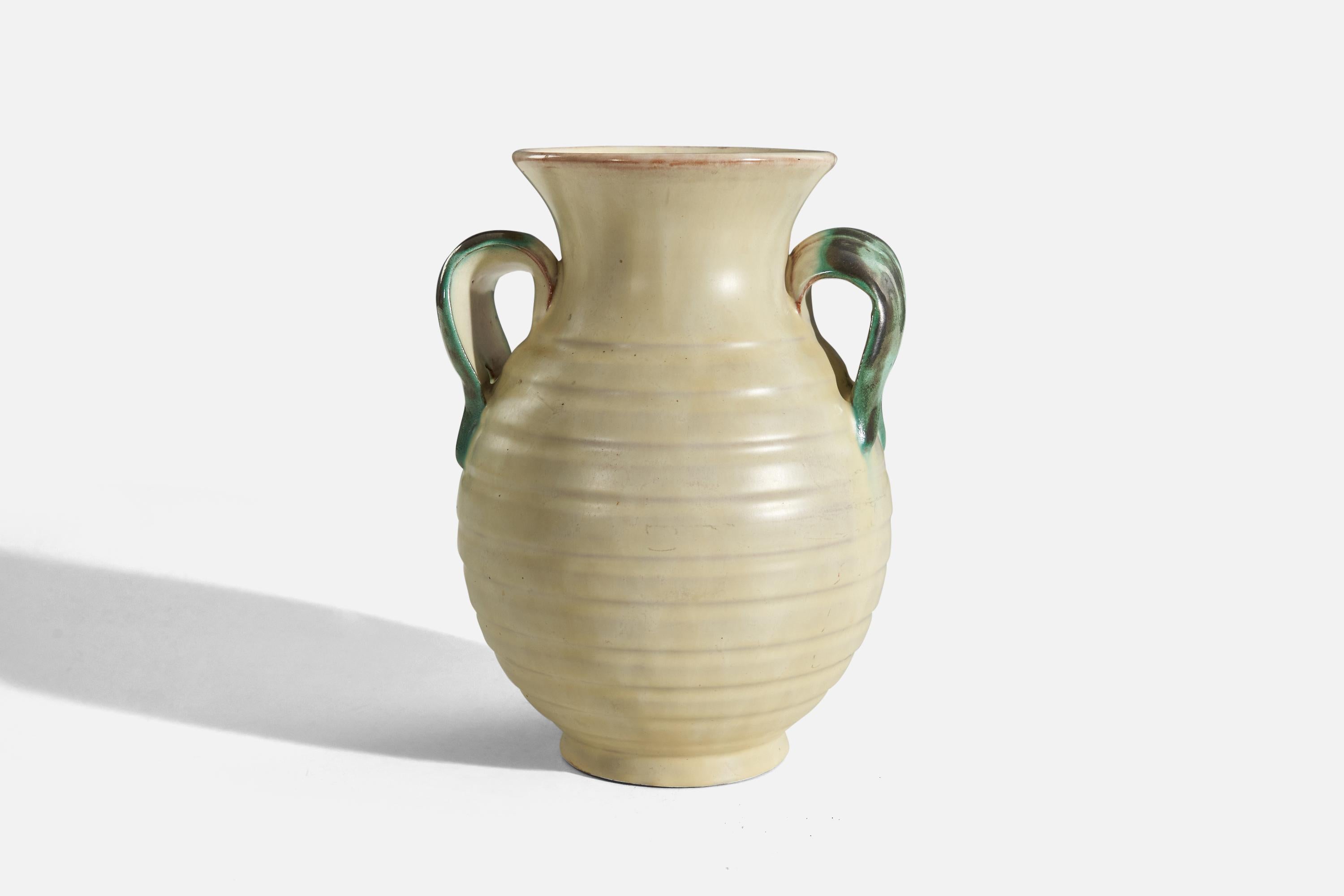 Swedish Upsala-Ekeby, Vase, Light Yellow-Glazed Earthenware, Sweden, 1940s For Sale
