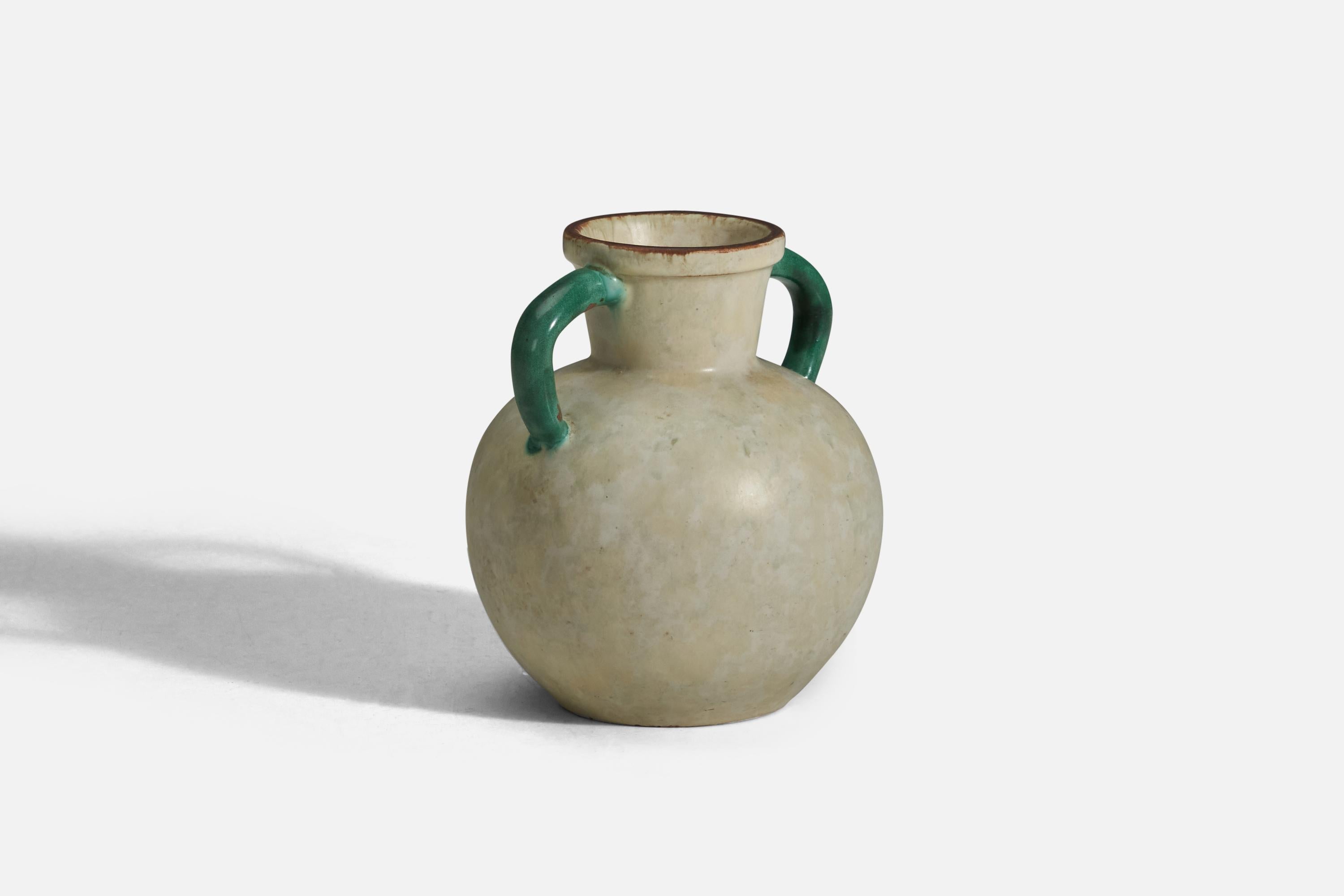 An off-white and green glazed earthenware vase designed and produced by Upsala Ekeby, Sweden, 1940s.