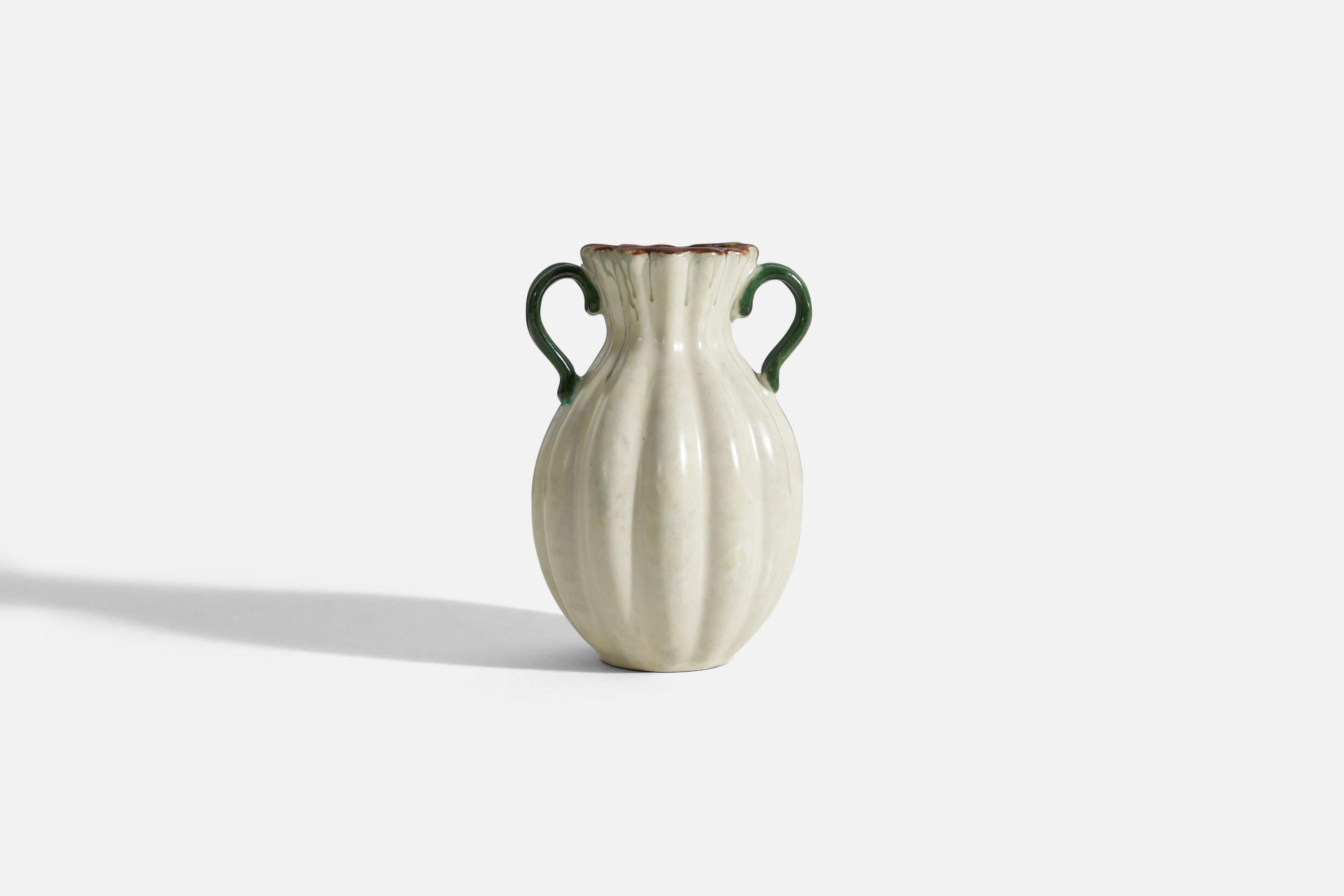 Art Deco Upsala-Ekeby, Vase, off White and Green-Glazed Earthenware, Sweden, 1940s For Sale