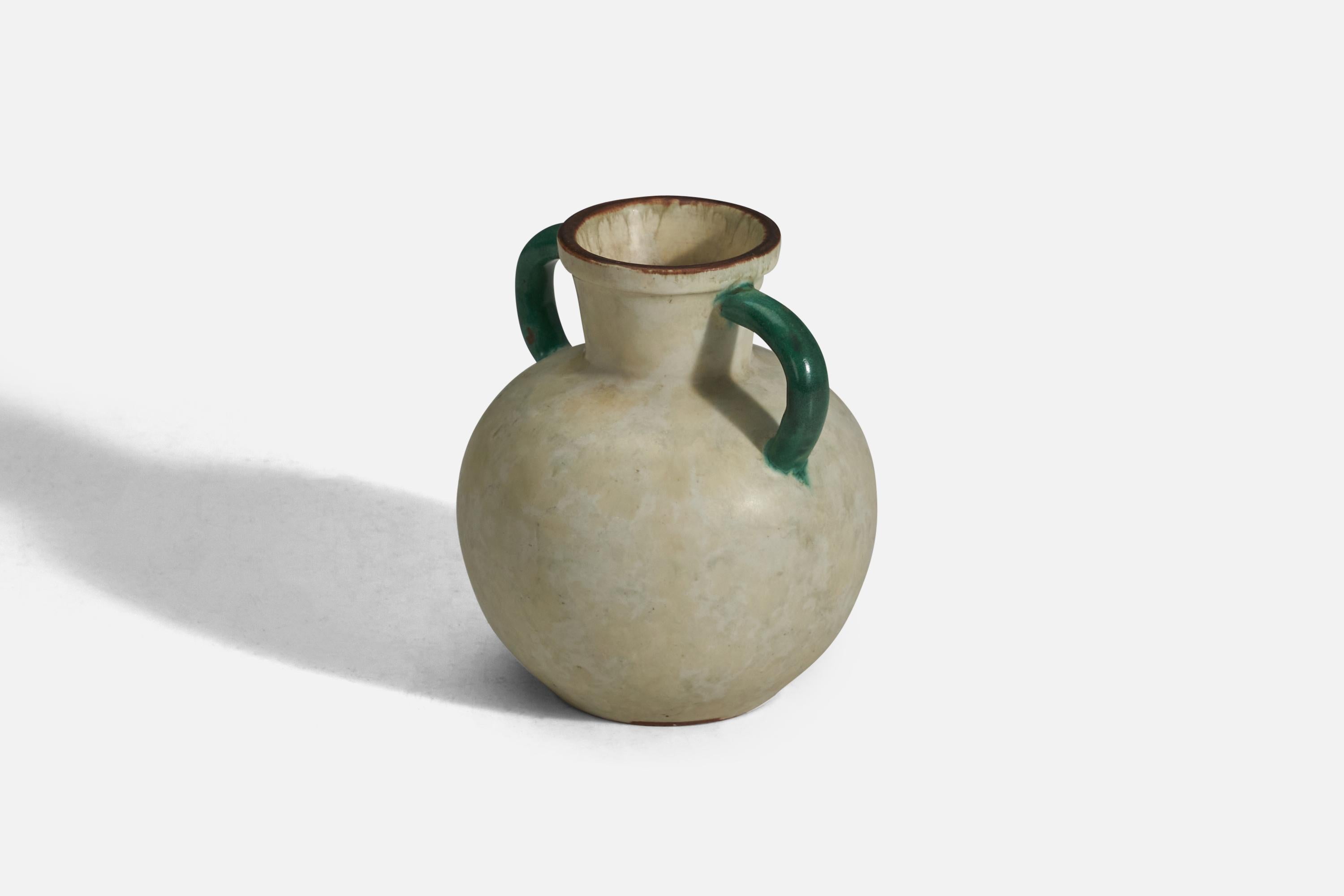 Scandinavian Modern Upsala Ekeby, Vase, Off-White and Green Glazed Earthenware, Sweden, 1940s For Sale