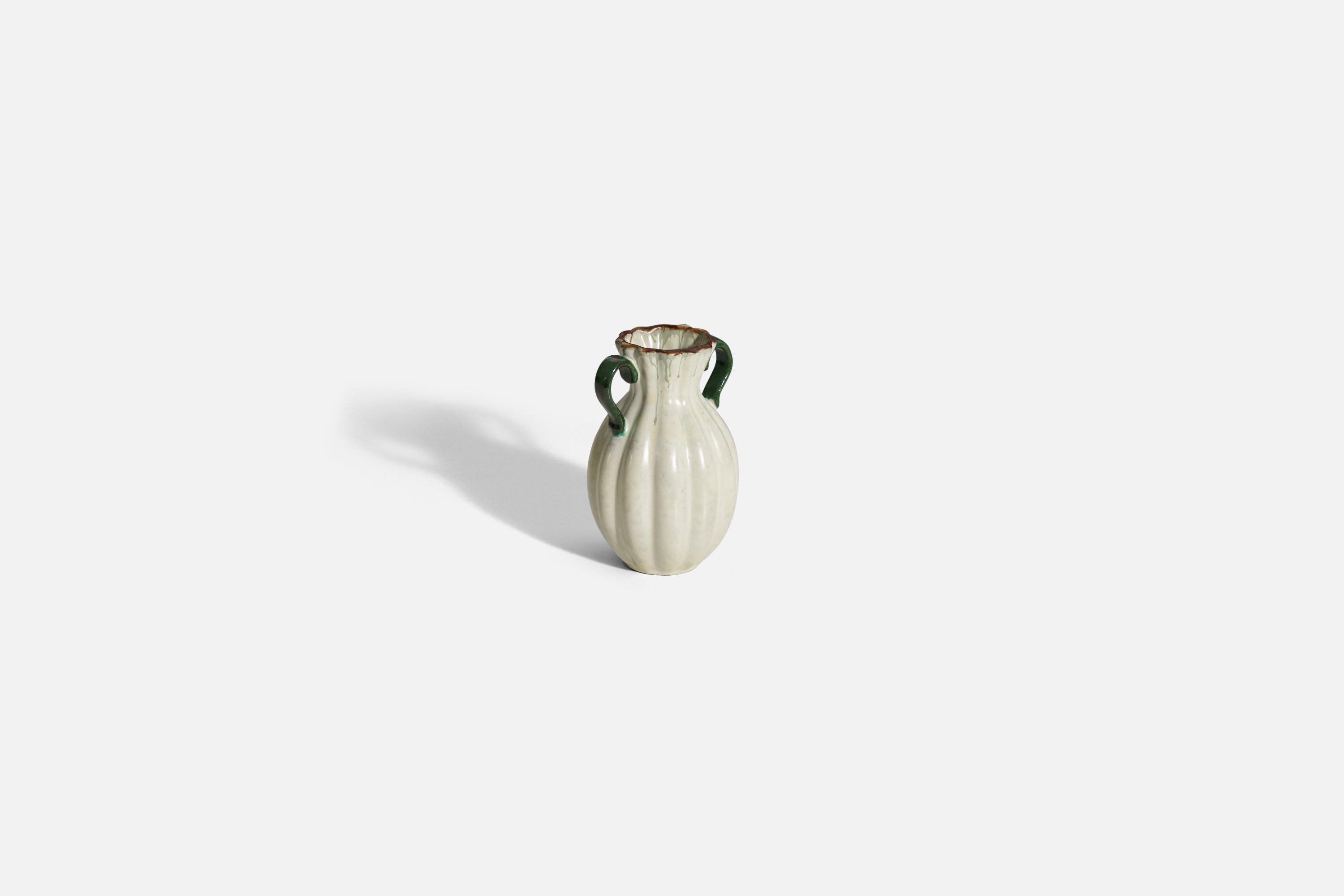 Swedish Upsala-Ekeby, Vase, off White and Green-Glazed Earthenware, Sweden, 1940s For Sale