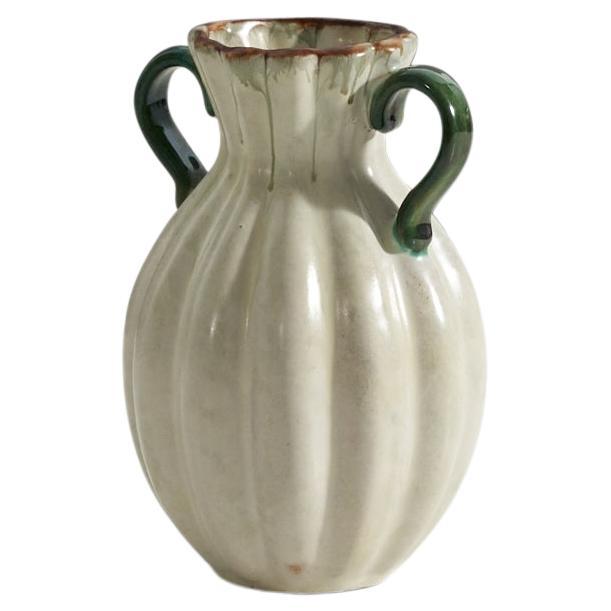 Upsala-Ekeby, Vase, off White and Green-Glazed Earthenware, Sweden, 1940s