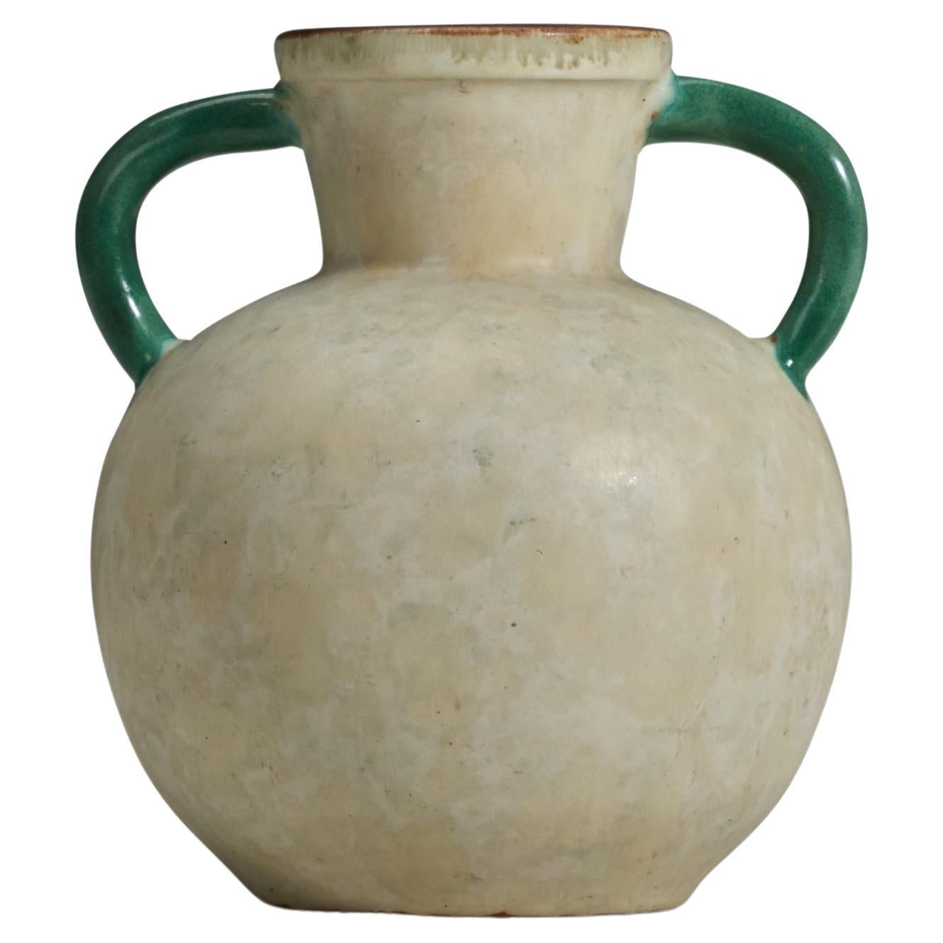Upsala Ekeby, Vase, Off-White and Green Glazed Earthenware, Sweden, 1940s For Sale