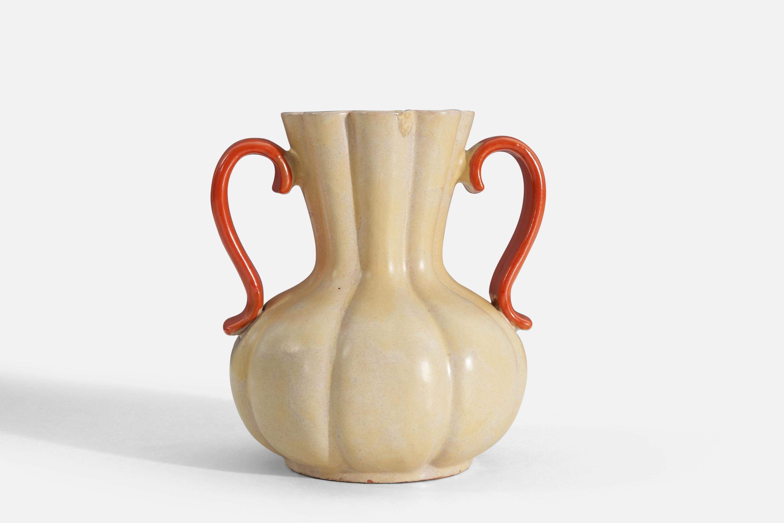 A cream / yellow and orange-glazed vase produced by Upsala-Ekeby, Sweden, 1940s.

 