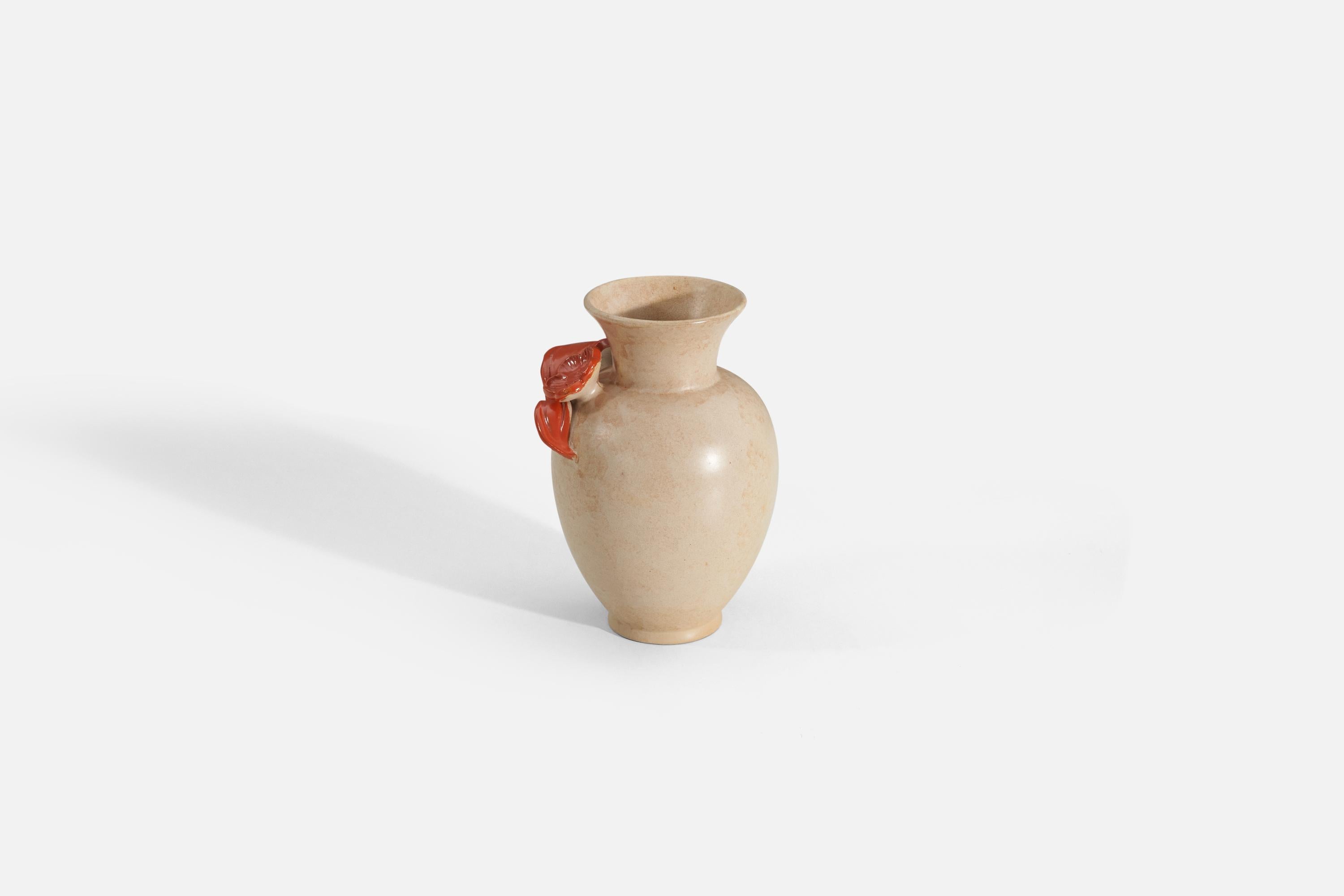 Scandinavian Modern Upsala Ekeby, Vase, Orange and Beige-Glazed Earthenware, Sweden, 1940s For Sale