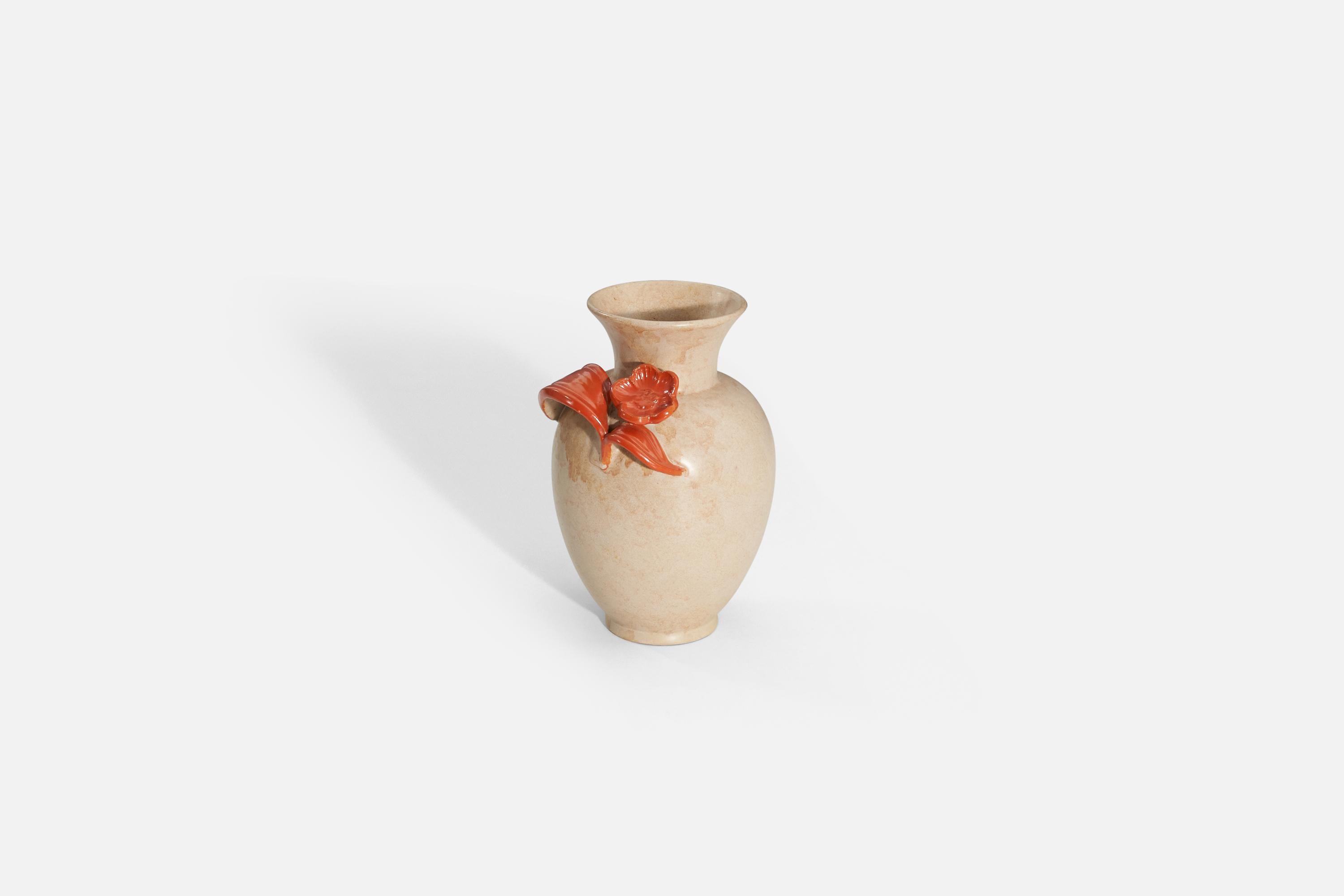 Swedish Upsala Ekeby, Vase, Orange and Beige-Glazed Earthenware, Sweden, 1940s For Sale
