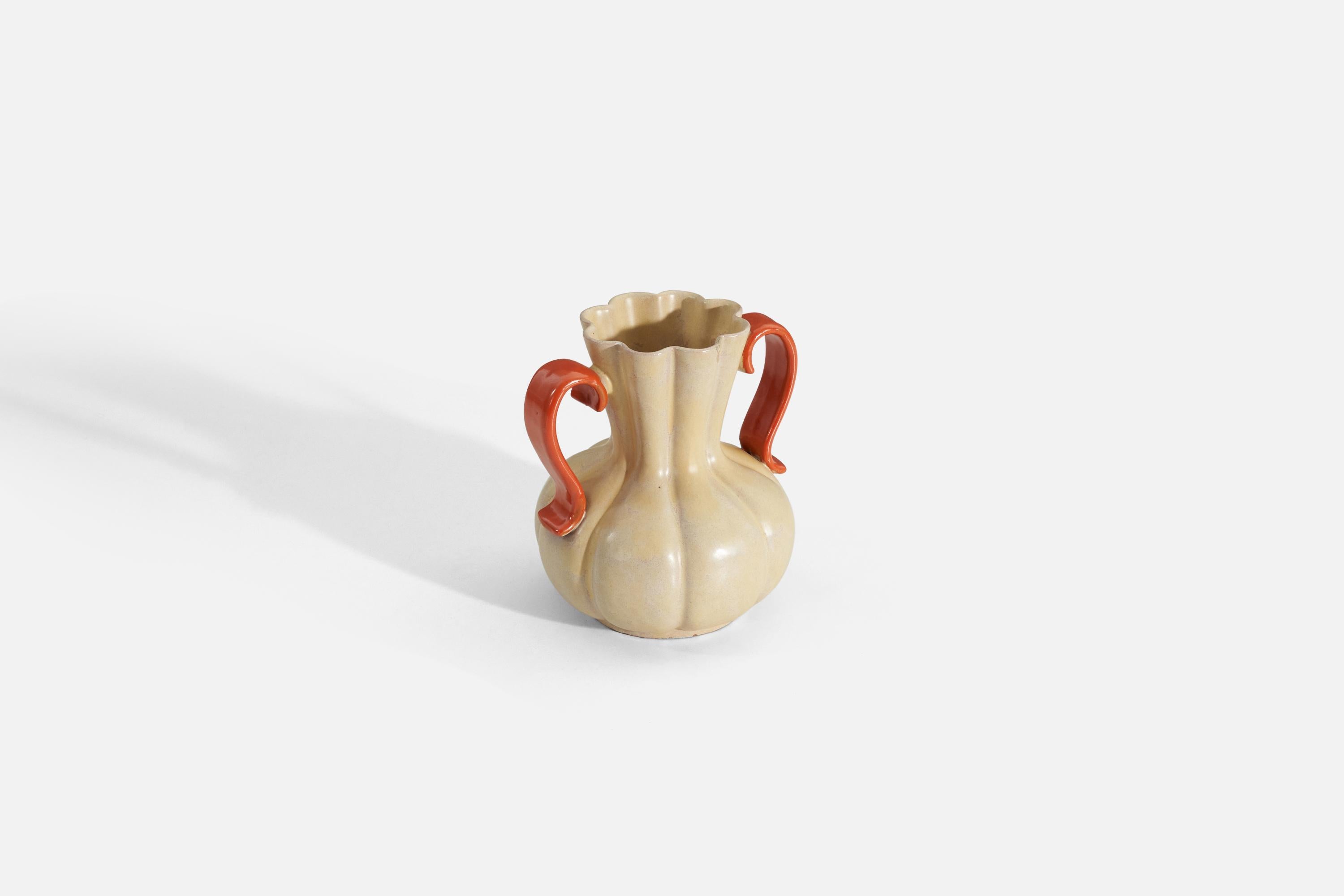 Swedish Upsala-Ekeby, Vase, Orange and Beige-Glazed Earthenware, Sweden, 1940s For Sale