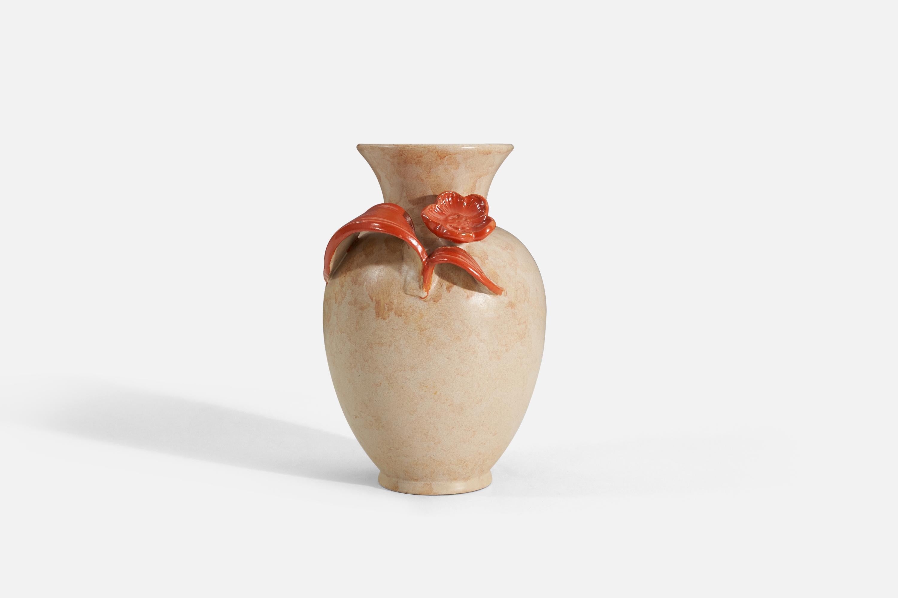 Upsala Ekeby, Vase, Orange and Beige-Glazed Earthenware, Sweden, 1940s In Good Condition For Sale In High Point, NC