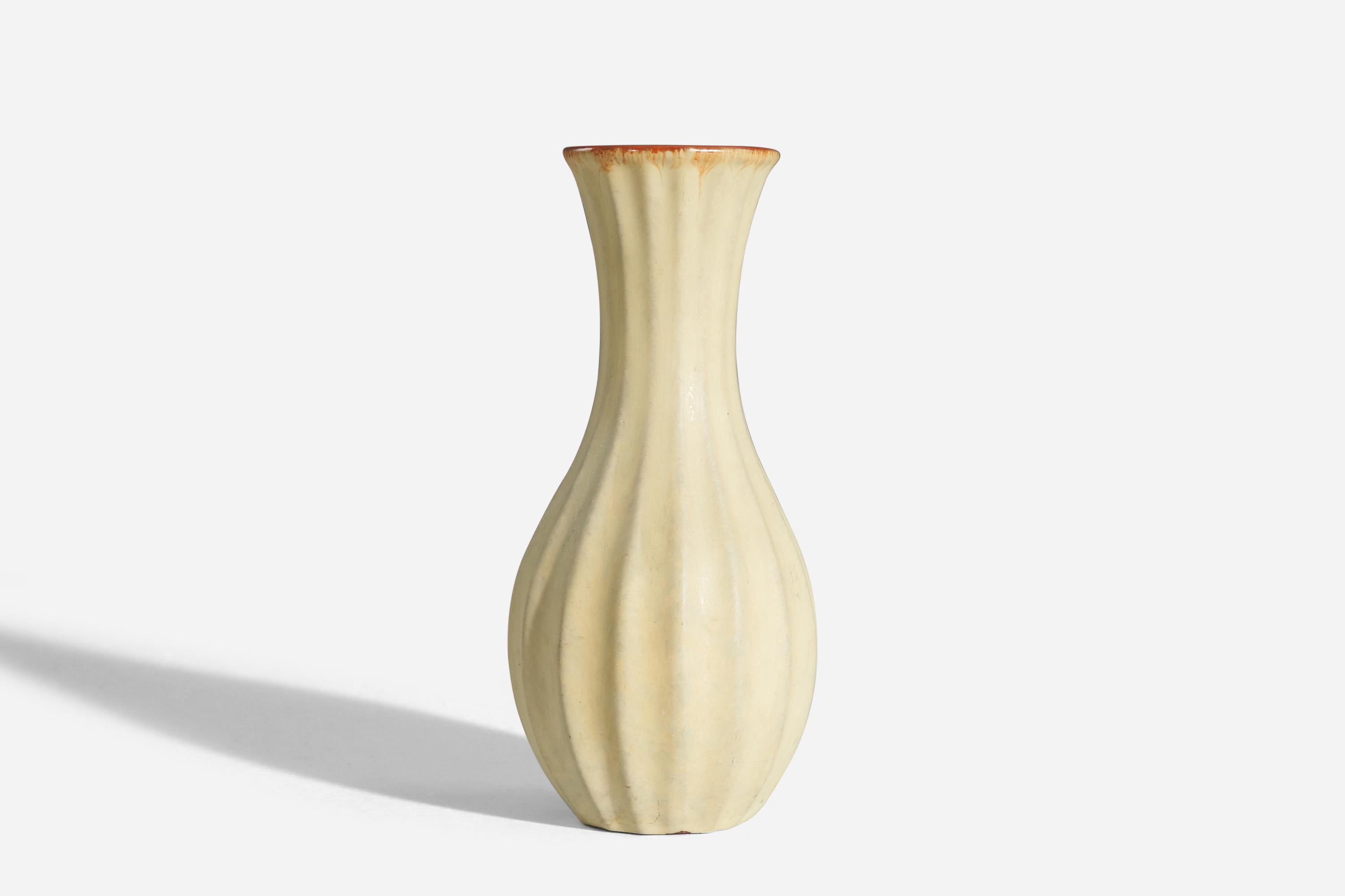 Upsala-Ekeby, Vase, Orange and Beige-Glazed Earthenware, Sweden, 1940s In Good Condition For Sale In High Point, NC