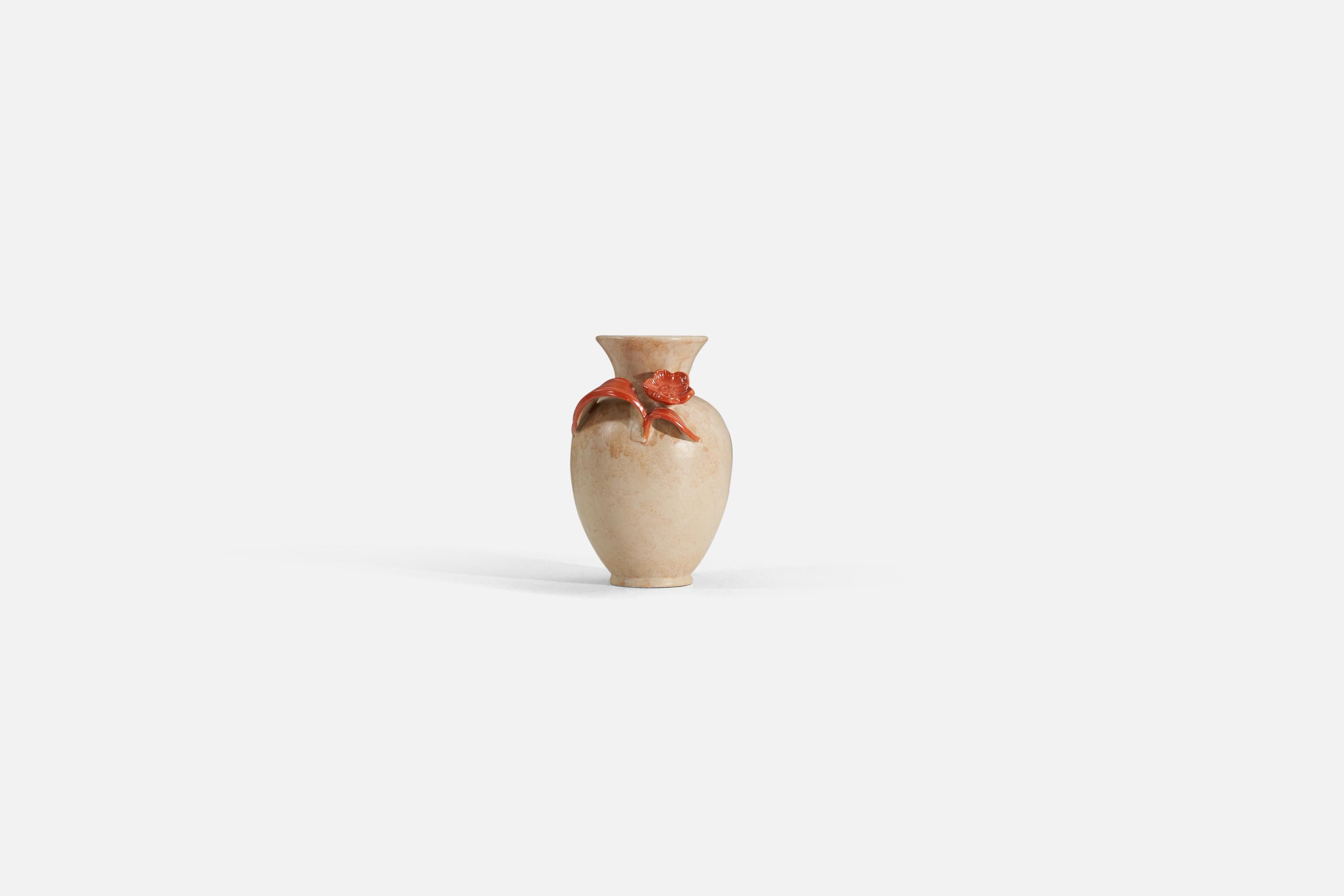 Mid-20th Century Upsala Ekeby, Vase, Orange and Beige-Glazed Earthenware, Sweden, 1940s For Sale