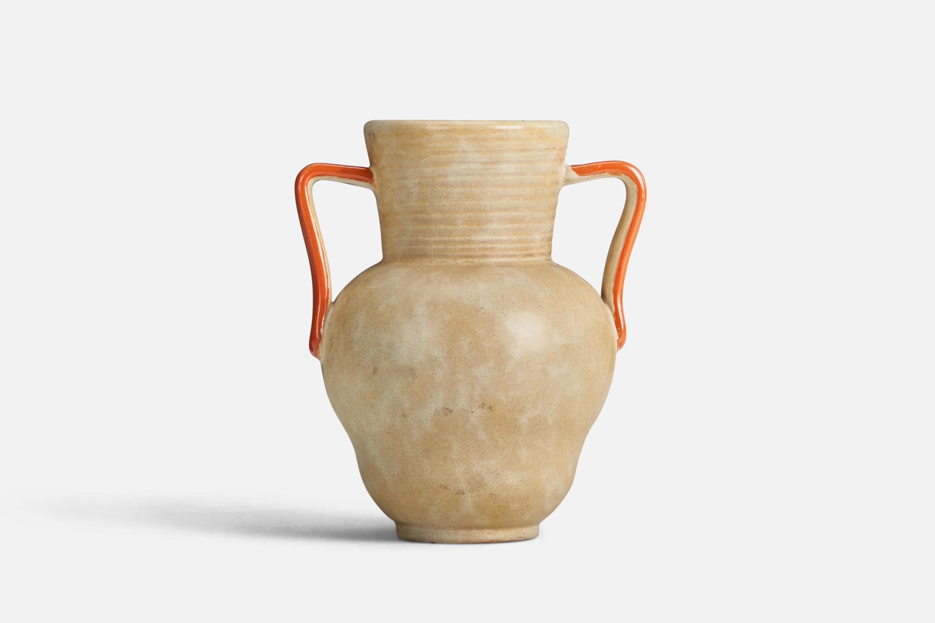 An orange and beige-glazed earthenware vase designed and produced by Upsala Ekeby, Sweden, 1940s.