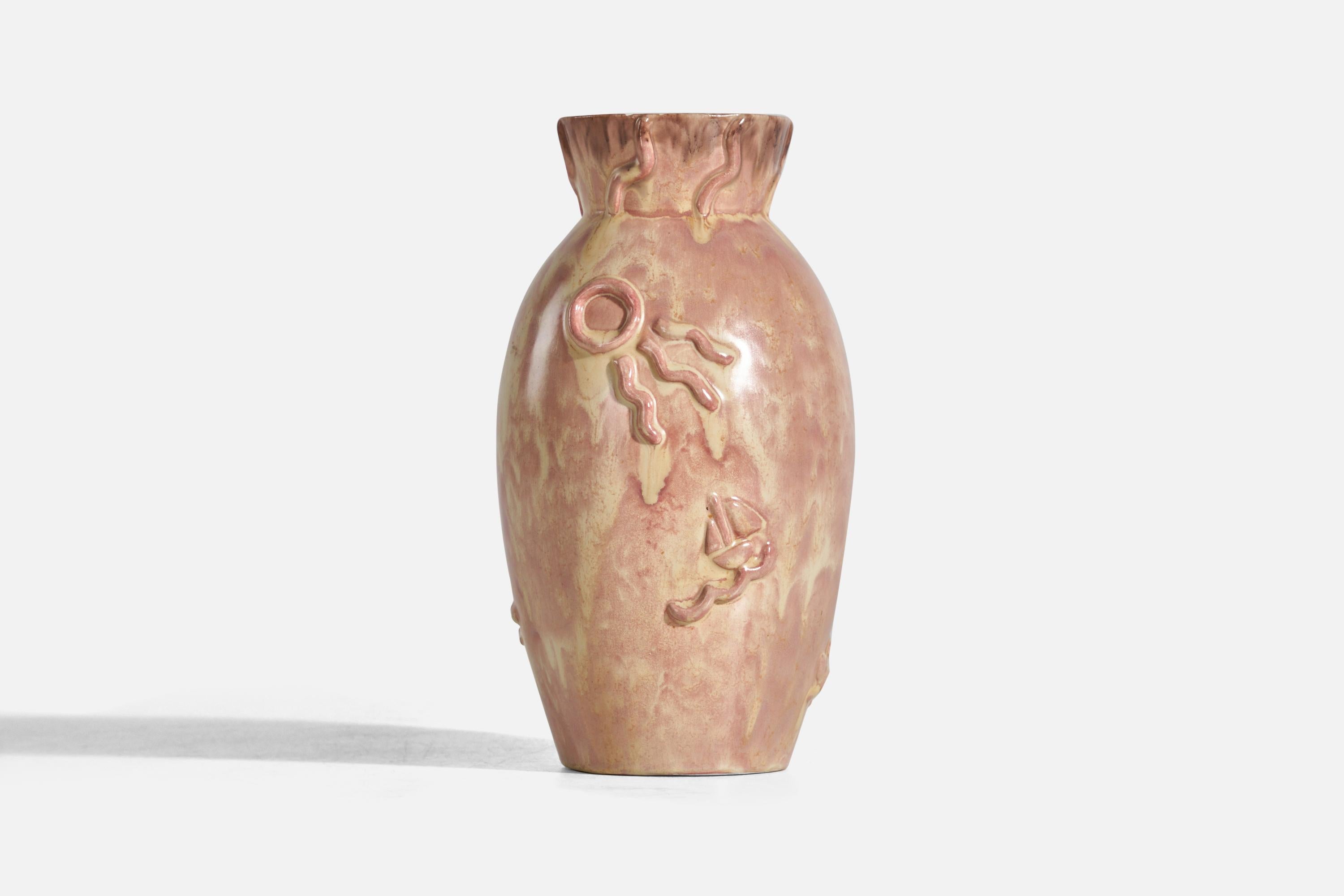 A pink, glazed earthenware vase designed and produced by Upsala Ekeby, Sweden, 1940s.

