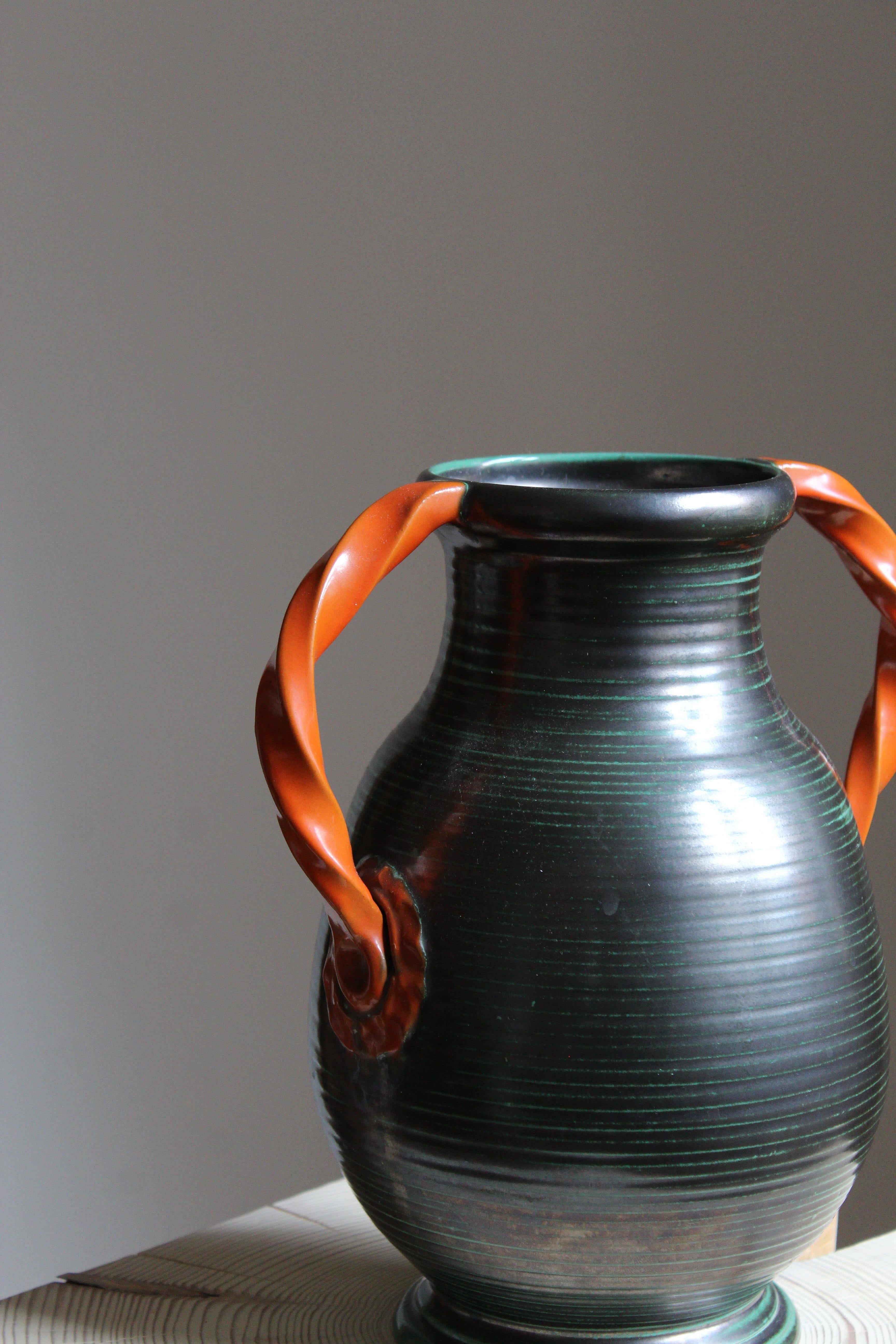 Art Deco Upsala-Ekeby, Vase / Vessel, Orange and Green Glazed Stoneware, Sweden, 1930s