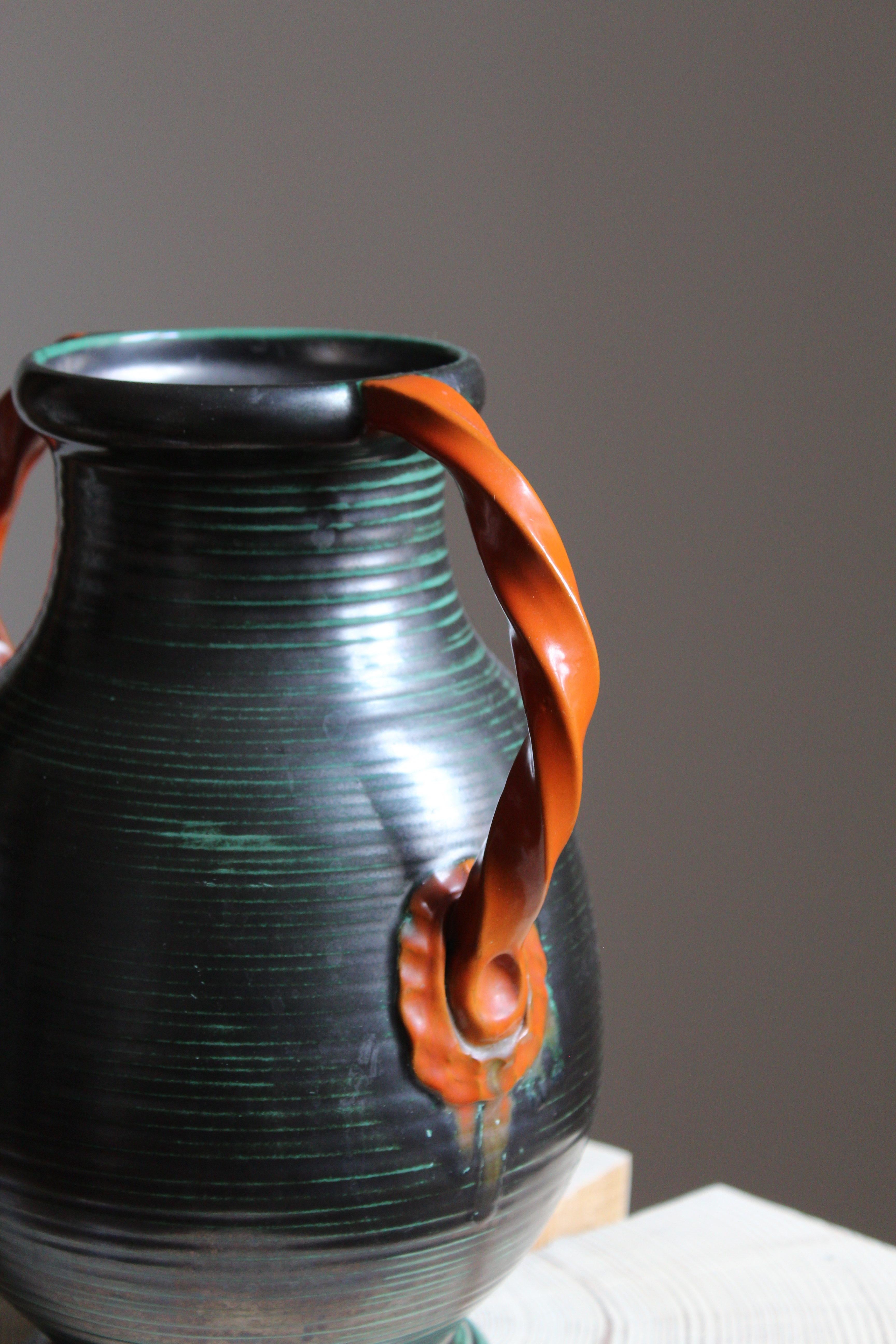 Swedish Upsala-Ekeby, Vase / Vessel, Orange and Green Glazed Stoneware, Sweden, 1930s