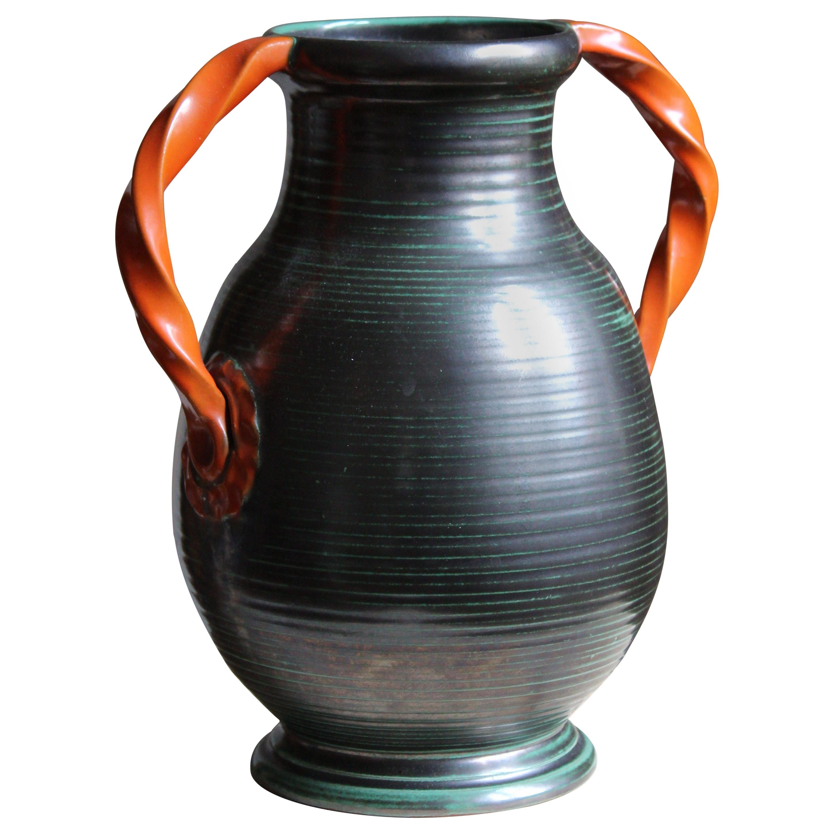 Upsala-Ekeby, Vase / Vessel, Orange and Green Glazed Stoneware, Sweden, 1930s