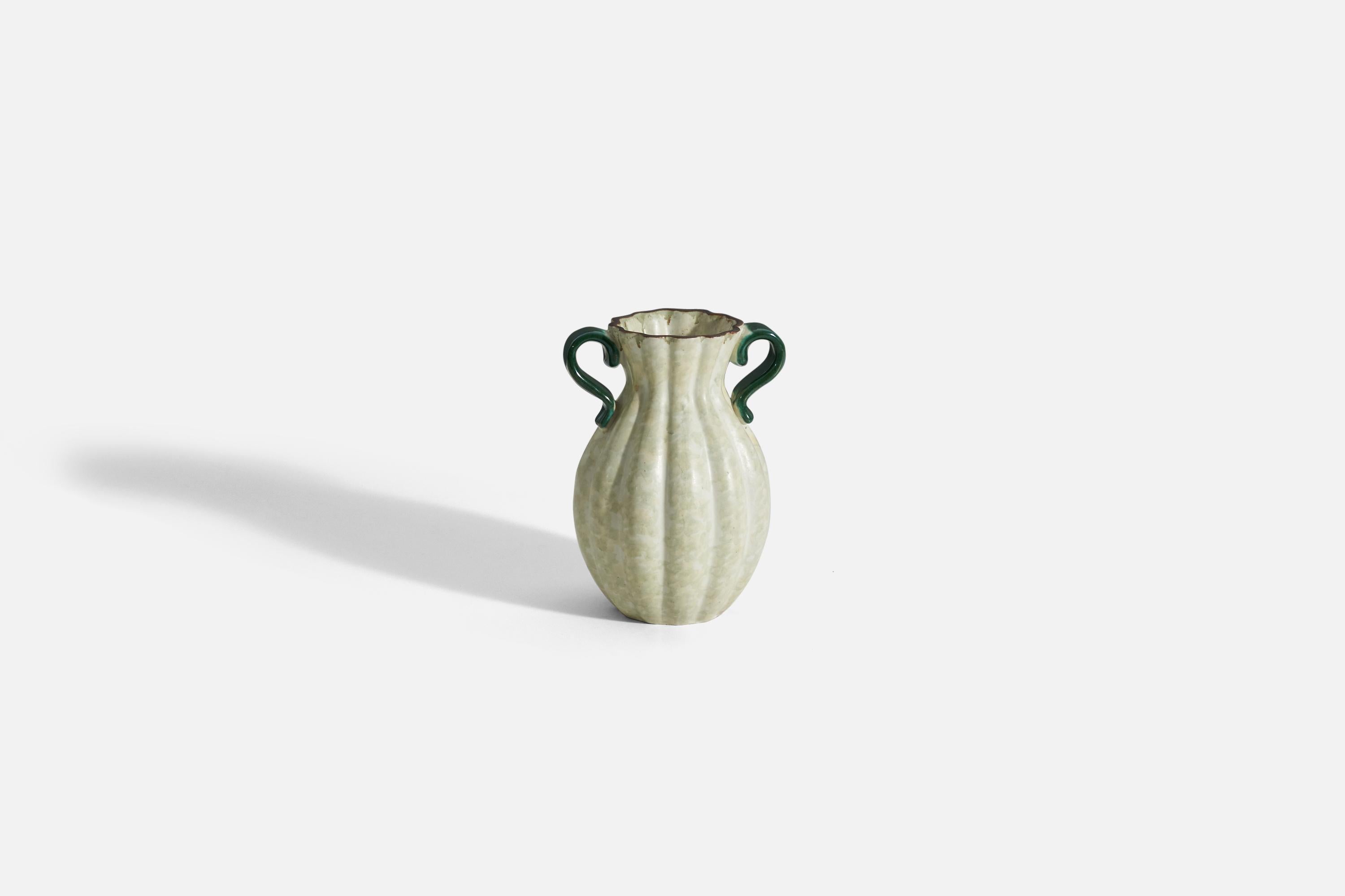 A cream-colored, earthenware vase with green undertones and large handles, produced by Upsala-Ekeby, Sweden, 1940s. 

 