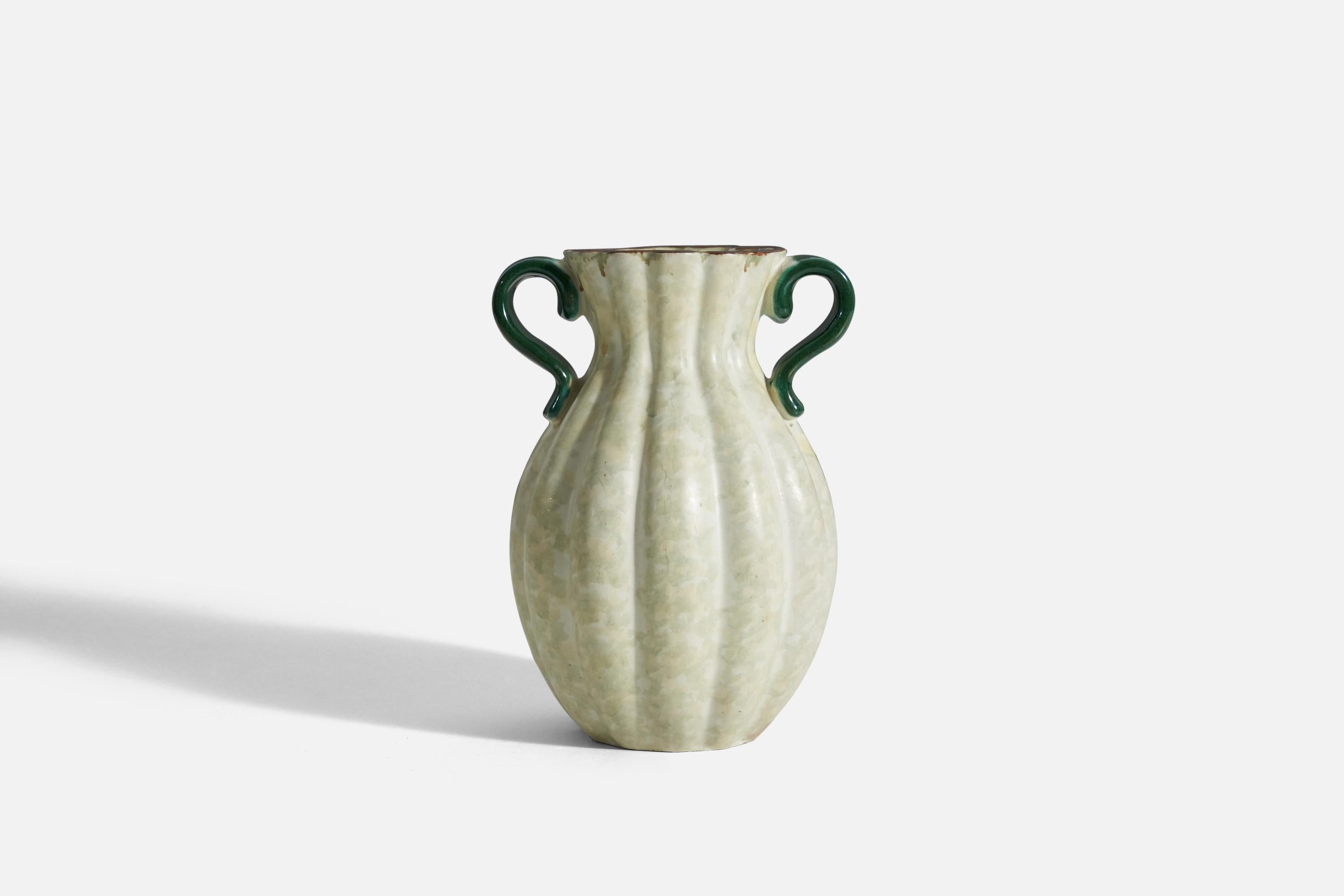 Swedish Upsala-Ekeby, Vase, White and Green-Glazed Incised Earthenware, Sweden, 1940s For Sale
