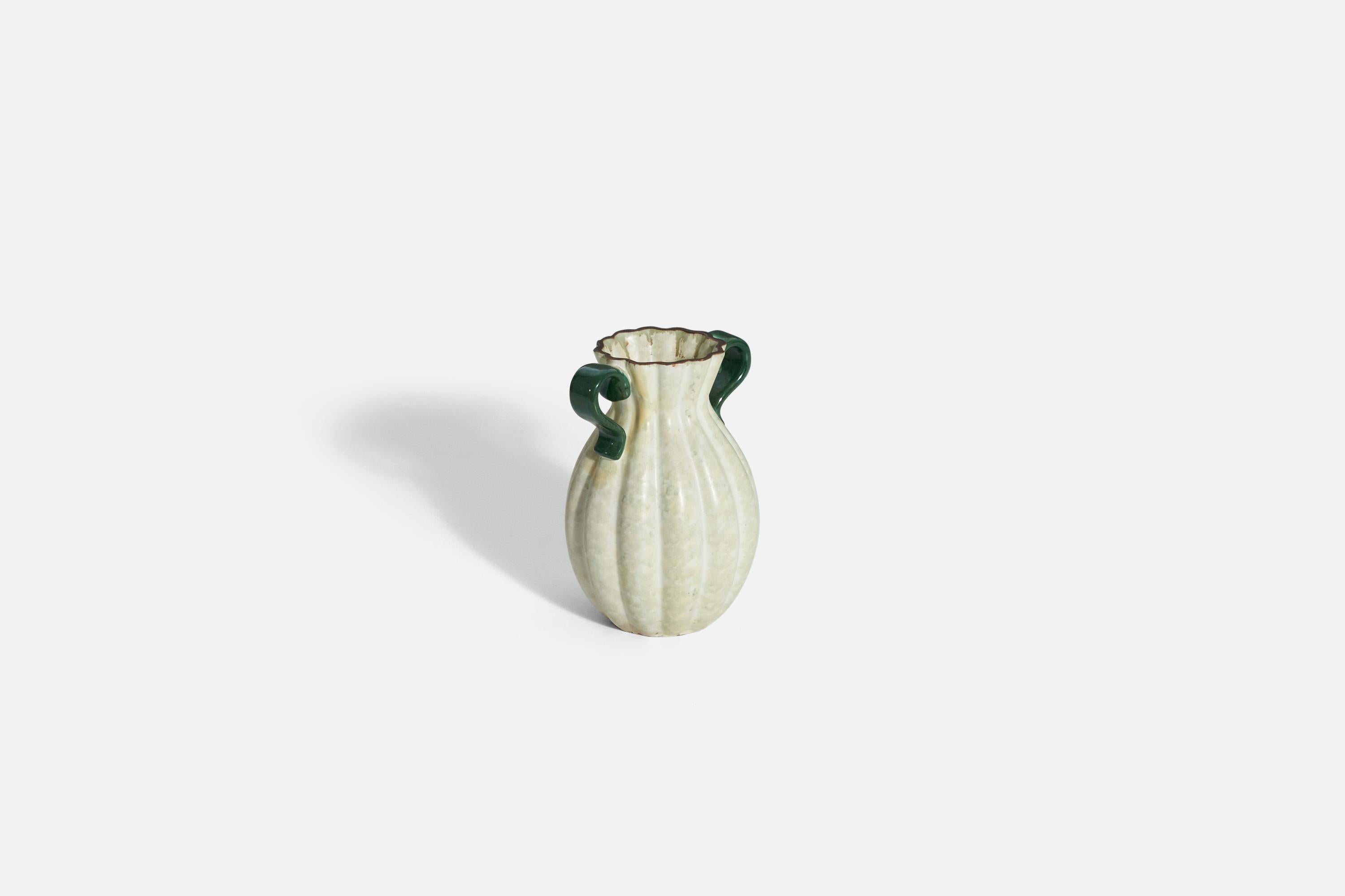 Upsala-Ekeby, Vase, White and Green-Glazed Incised Earthenware, Sweden, 1940s In Good Condition For Sale In High Point, NC
