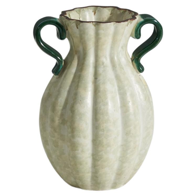 Upsala-Ekeby, Vase, White and Green-Glazed Incised Earthenware, Sweden, 1940s For Sale