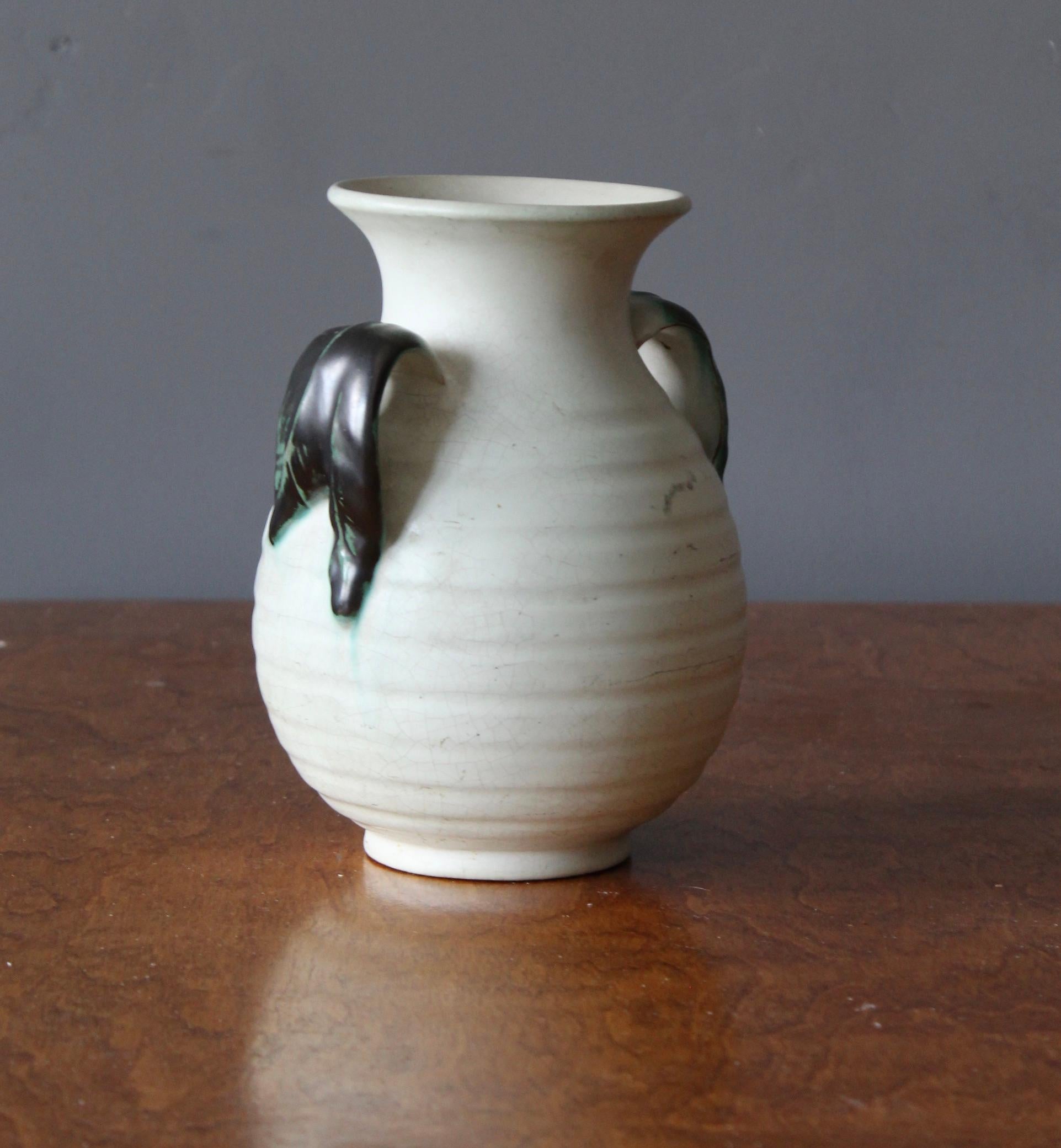 Art Deco Upsala-Ekeby, Vase, White / Green Glazed Earthenware, Sweden, 1940s