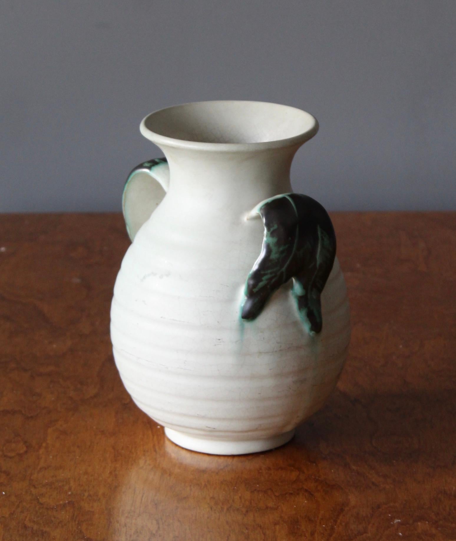 Upsala-Ekeby, Vase, White / Green Glazed Earthenware, Sweden, 1940s In Good Condition In High Point, NC