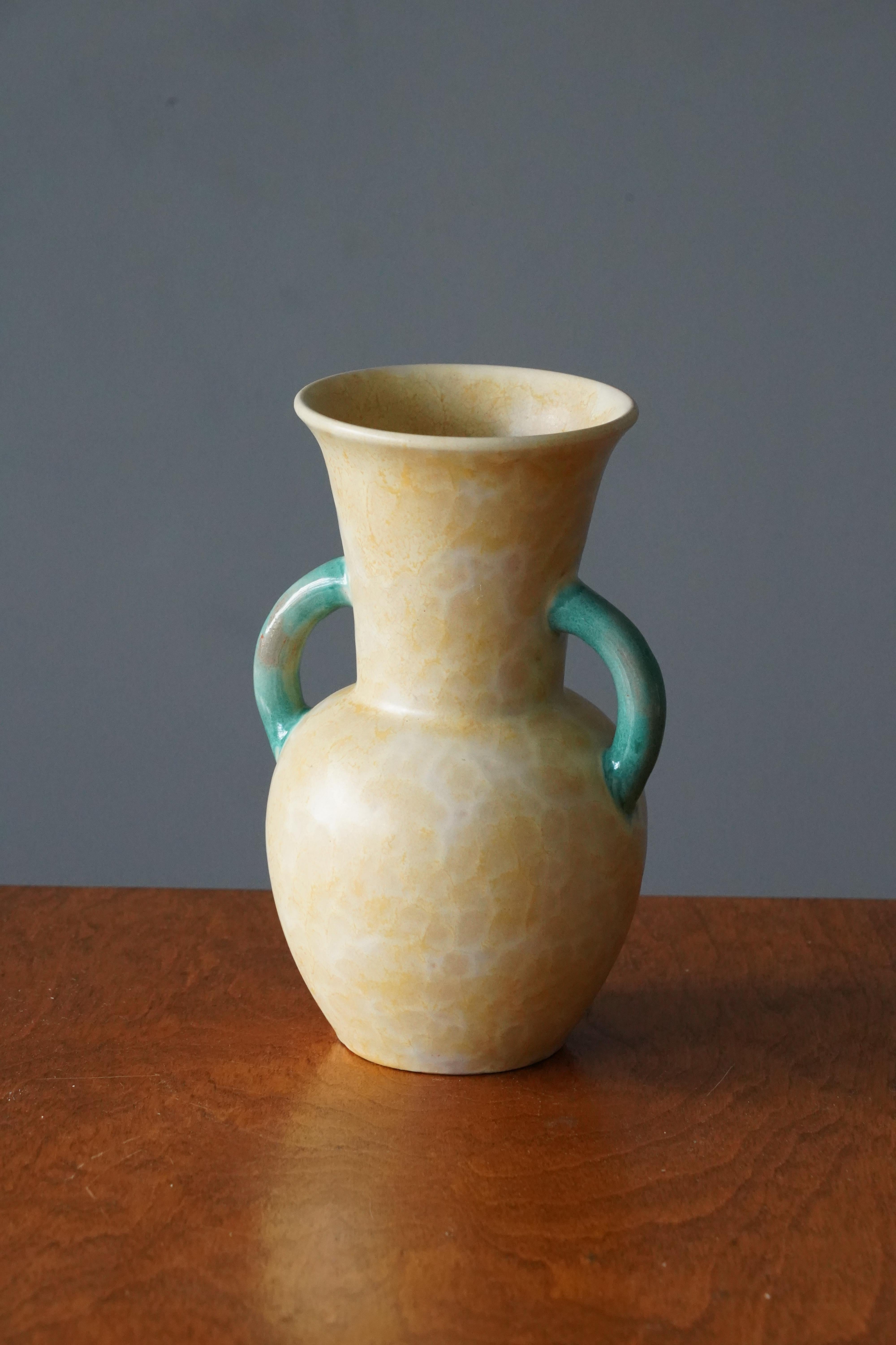 Art Deco Upsala-Ekeby, Vase, Yellow Green Glazed Earthenware, Sweden, 1940s