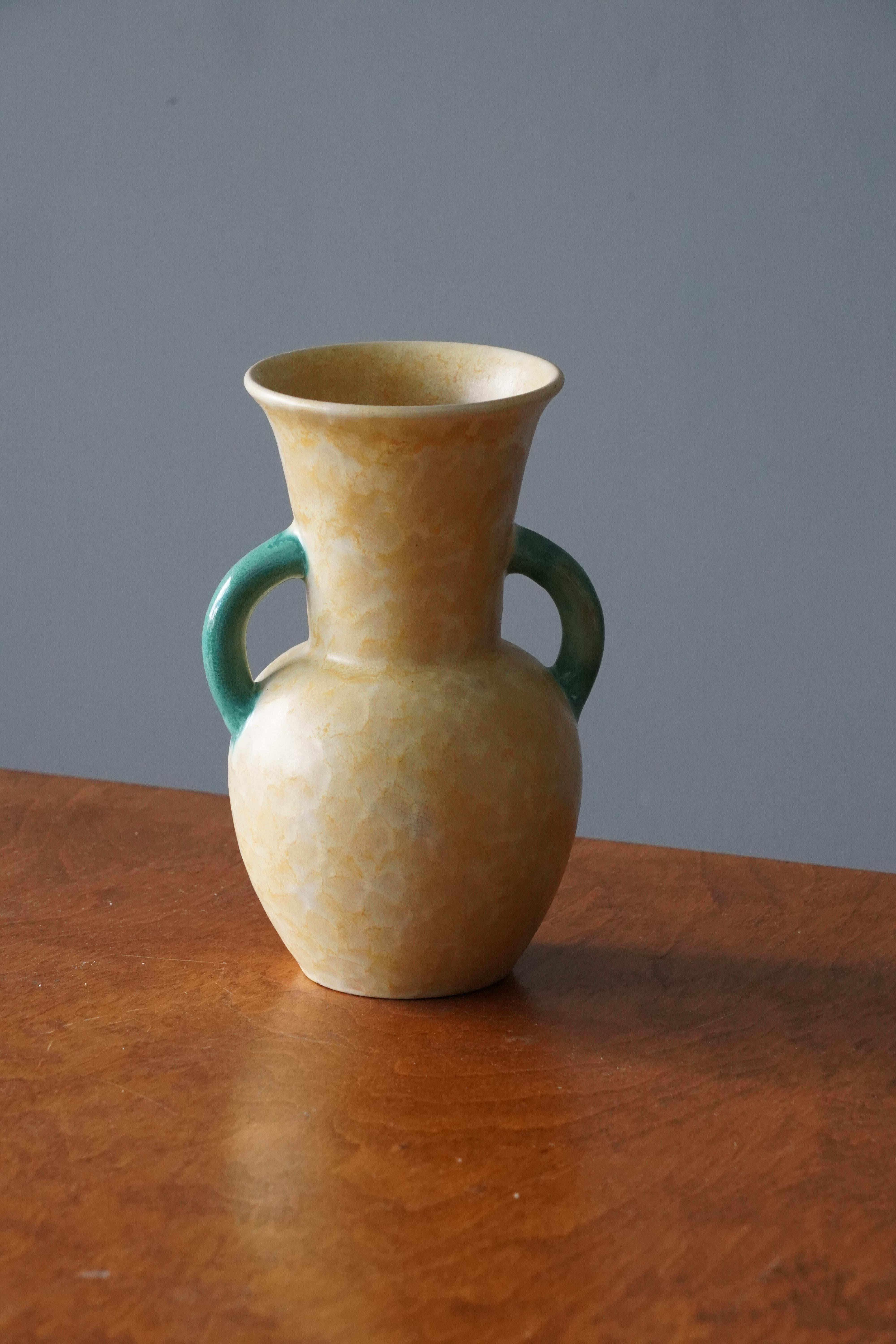 Swedish Upsala-Ekeby, Vase, Yellow Green Glazed Earthenware, Sweden, 1940s