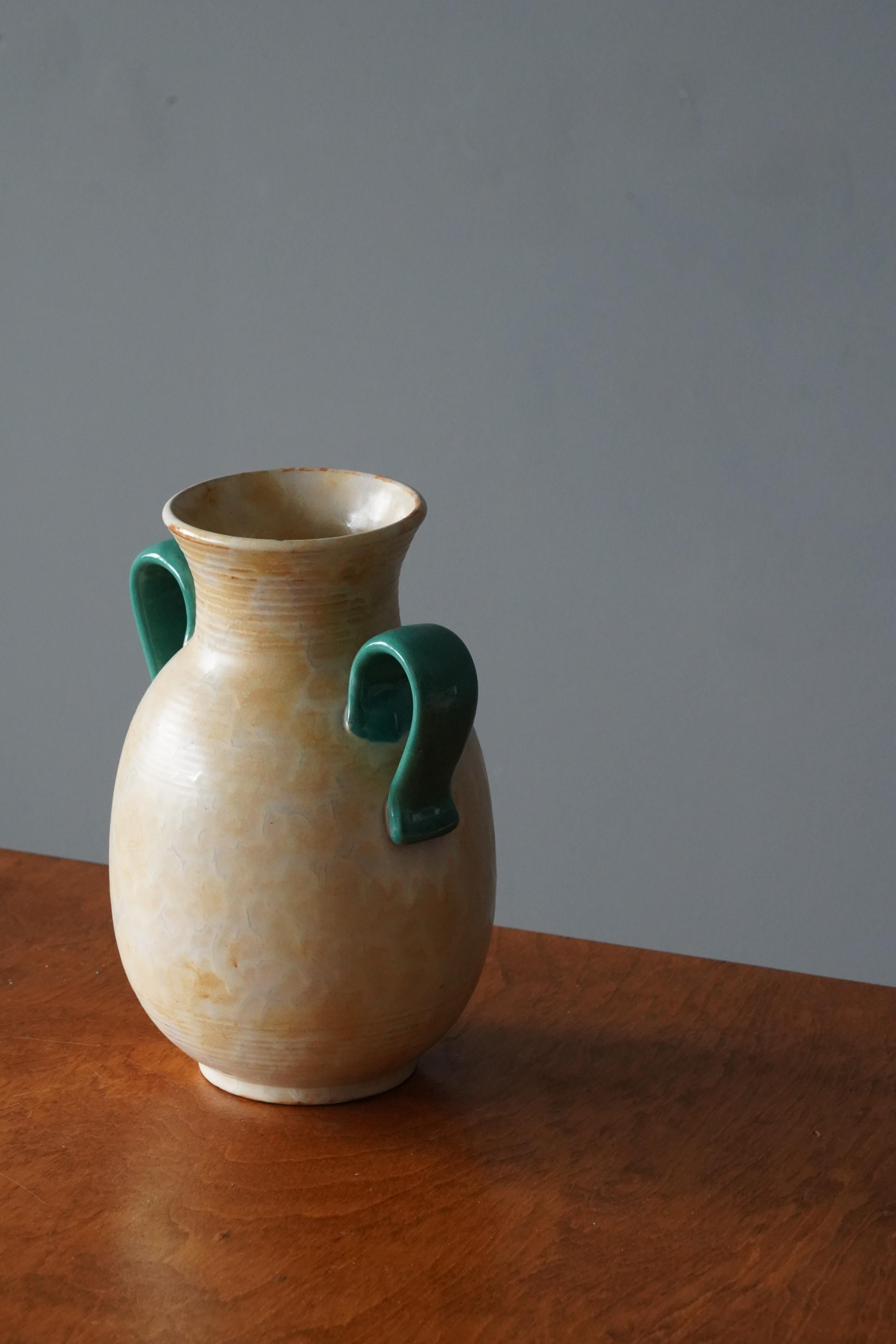 Upsala-Ekeby, Vase, Yellow Green Glazed Earthenware, Sweden, 1940s In Good Condition In High Point, NC