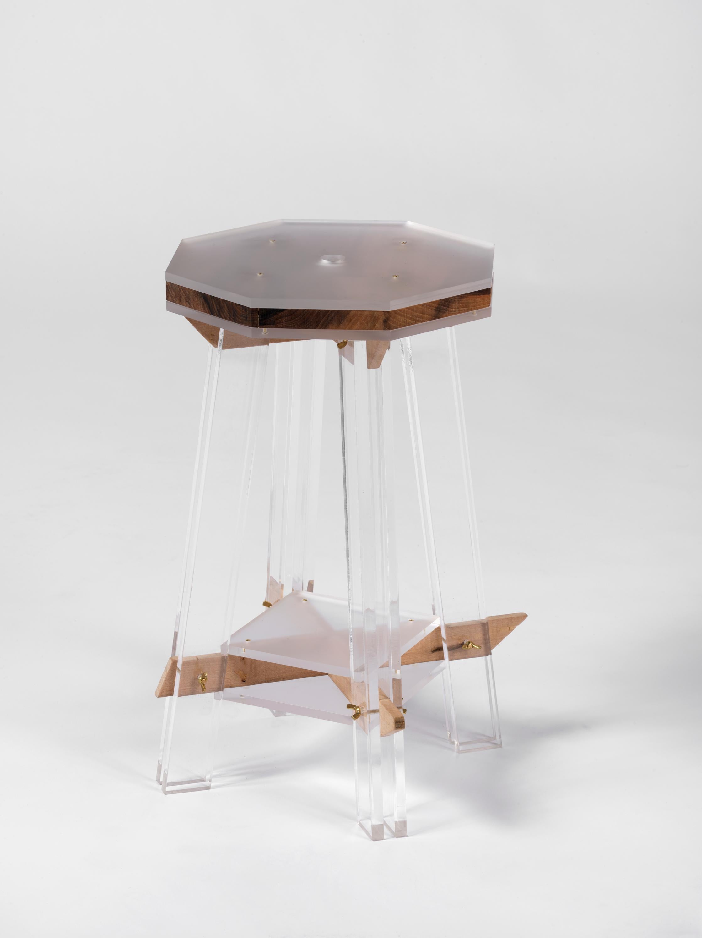 Up]side[down Stool by Hillsideout
Dimensions: W 27 x D 27 x H 45 cm.
Materials: Handcrafted nut Wood, Screws of Brass, Plexiglass.

Hillsideout is an Italian-German collaboration which combines antique restoration techniques with contemporary