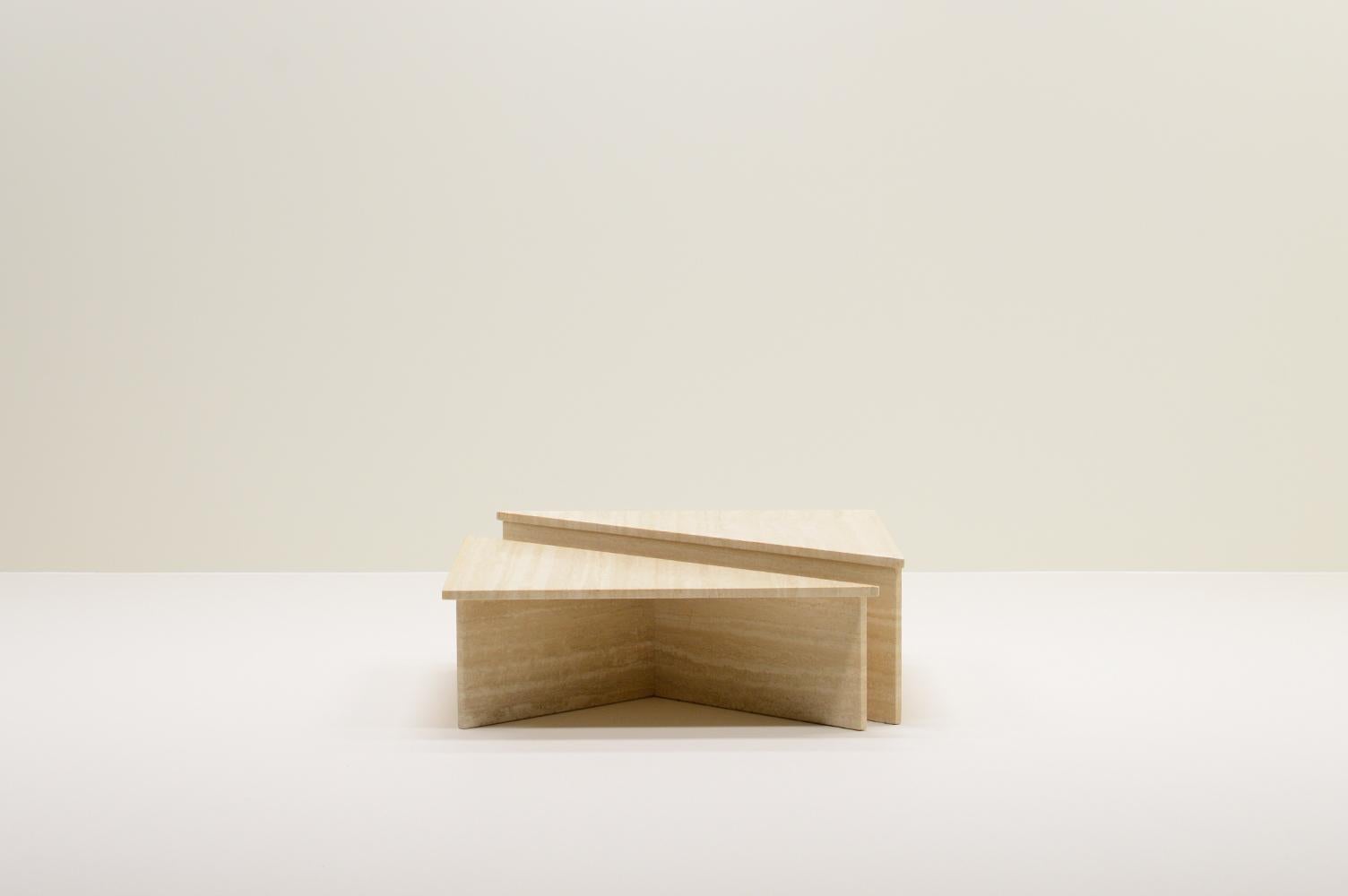 Mid-Century Modern Up & Up Travertine Triangle Coffee Table, Italy, 1970s.