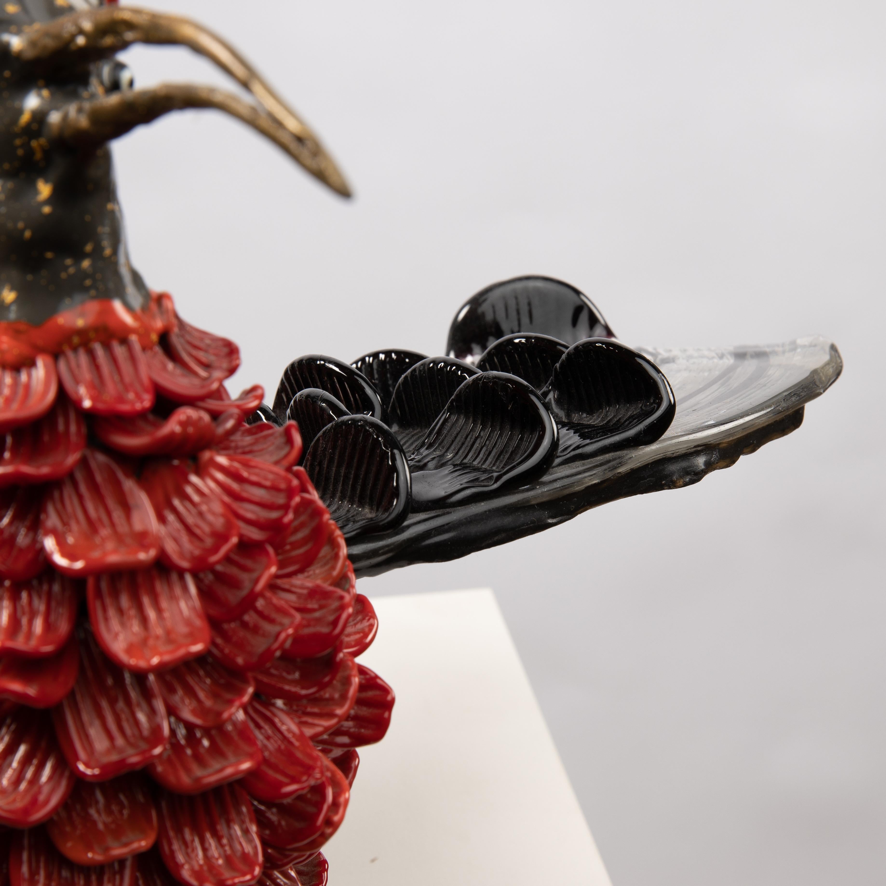 Upupa, scultura in vetro di Murano su piedi di bronzo, Toni Zuccheri, Venini 2