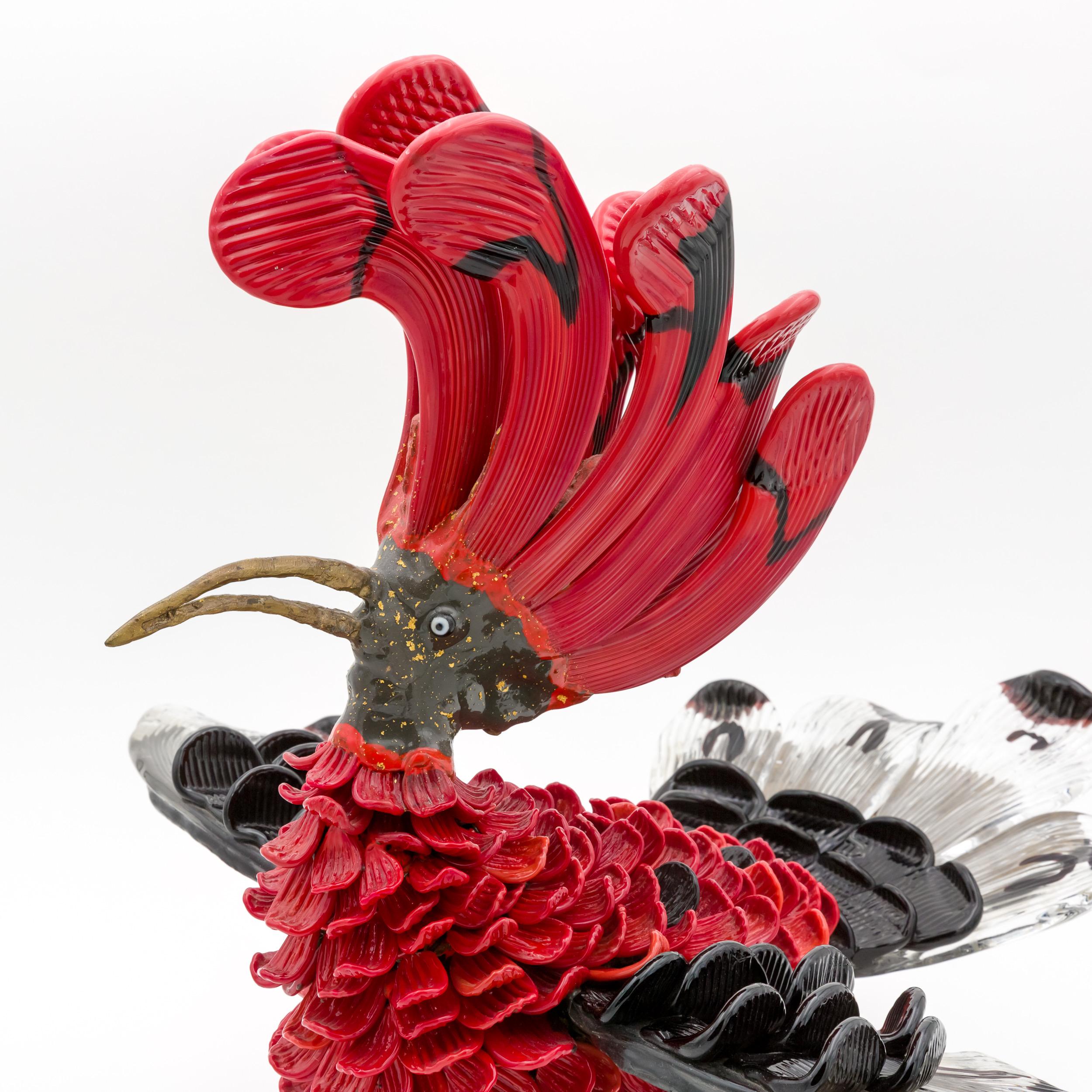 Metà XX secolo Upupa, scultura in vetro di Murano su piedi di bronzo, Toni Zuccheri, Venini
