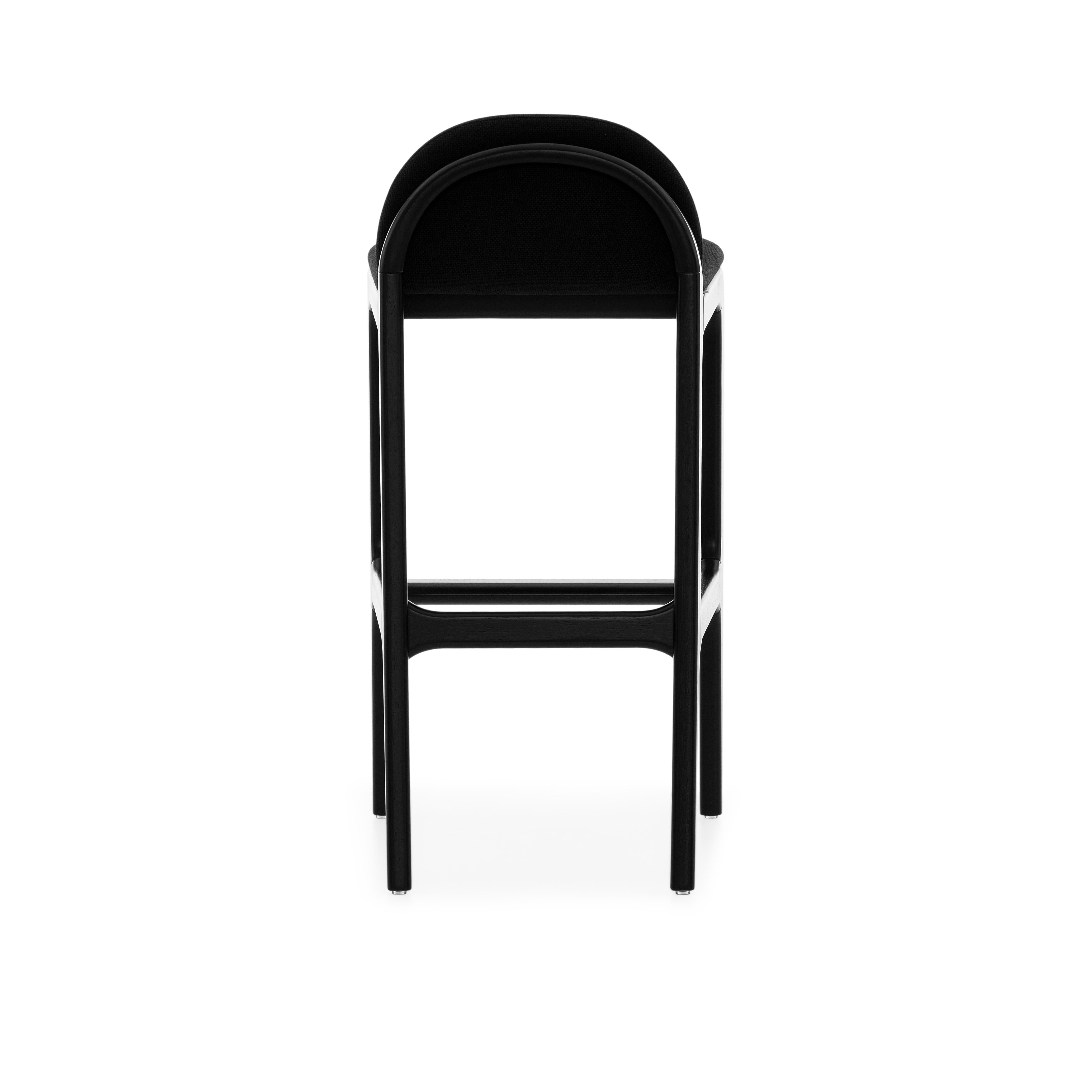 Brazilian Ura Bar Stool in Black Wood Finish Base and Upholstered Black Seat For Sale