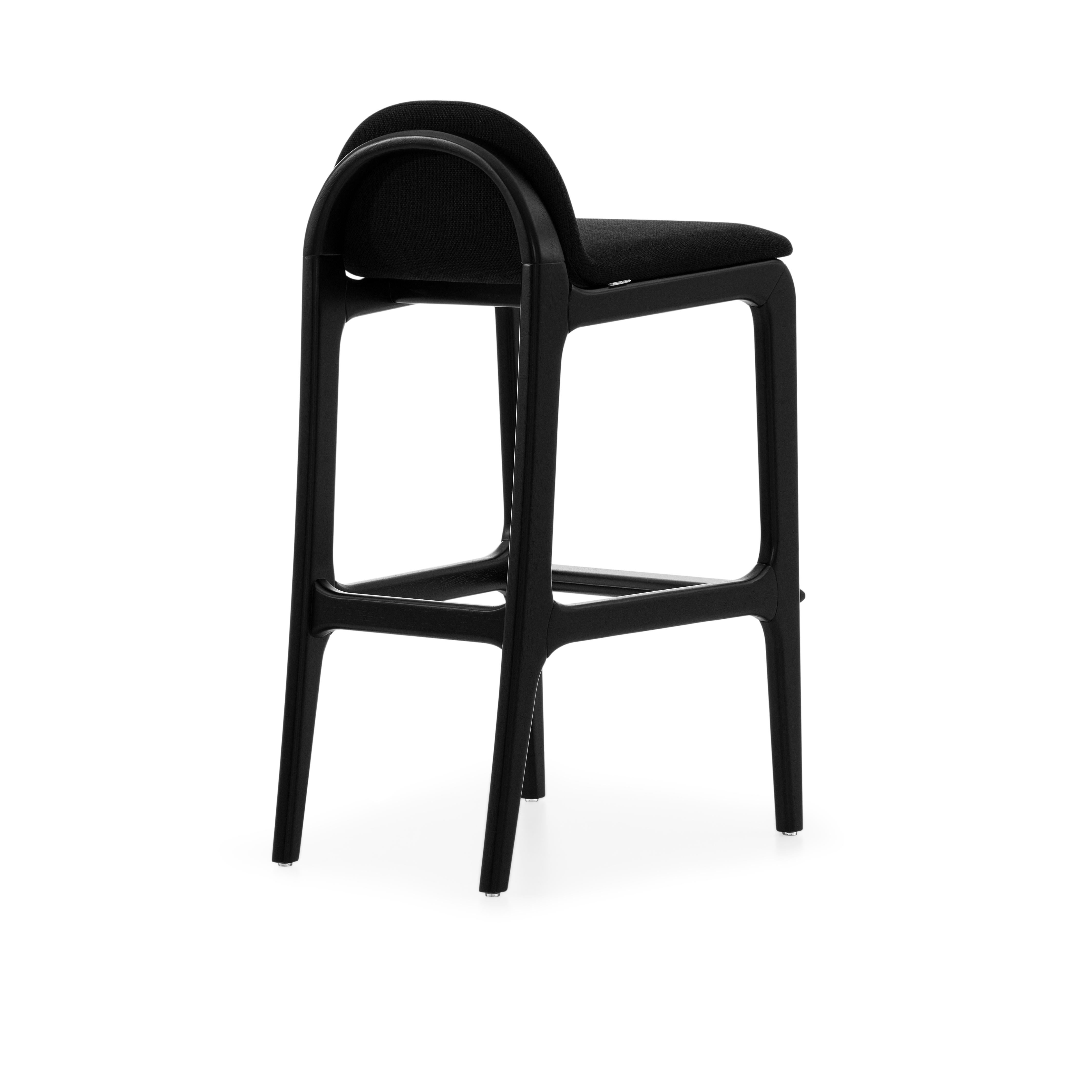 Contemporary Ura Counter Stool in Black Wood Finish Base and Upholstered Black Seat For Sale
