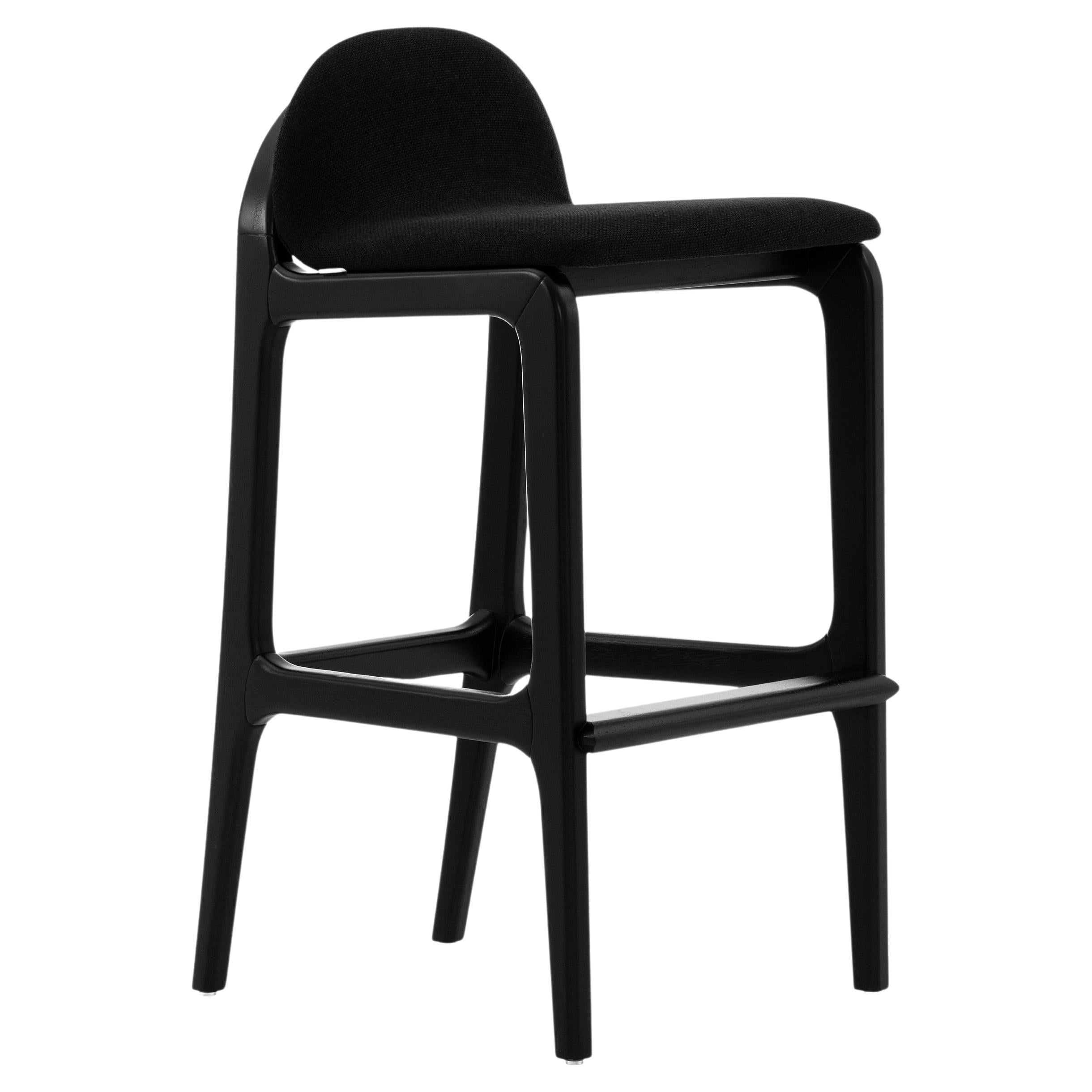 Ura Counter Stool in Black Wood Finish Base and Upholstered Black Seat For Sale