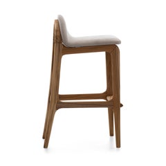 Bar Height Teak Stool with Light Gray Upholstered Seat – Ura Collection