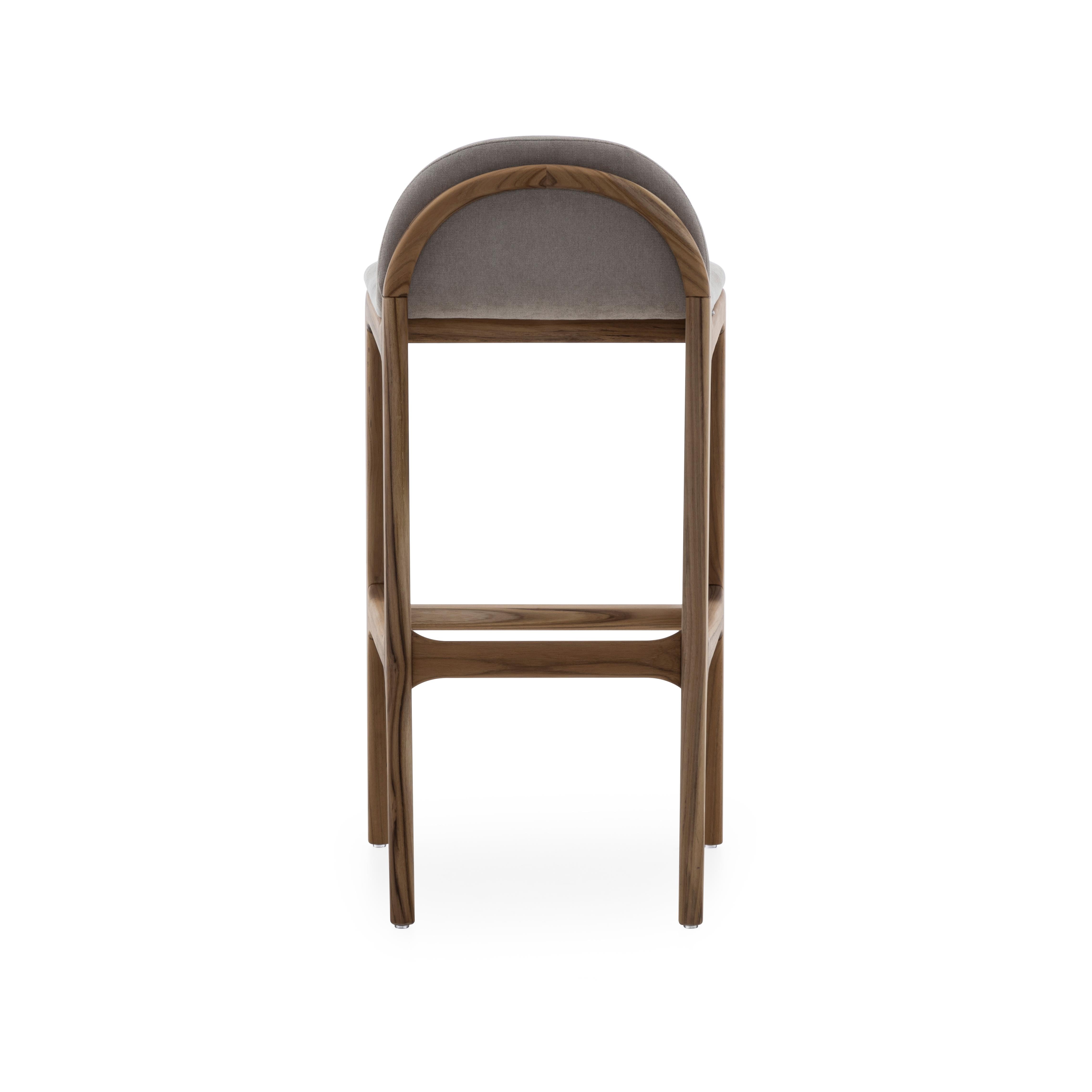 Brazilian Ura Counter Stool in Teak Wood Finish Base and Upholstered Light Grey Seat For Sale