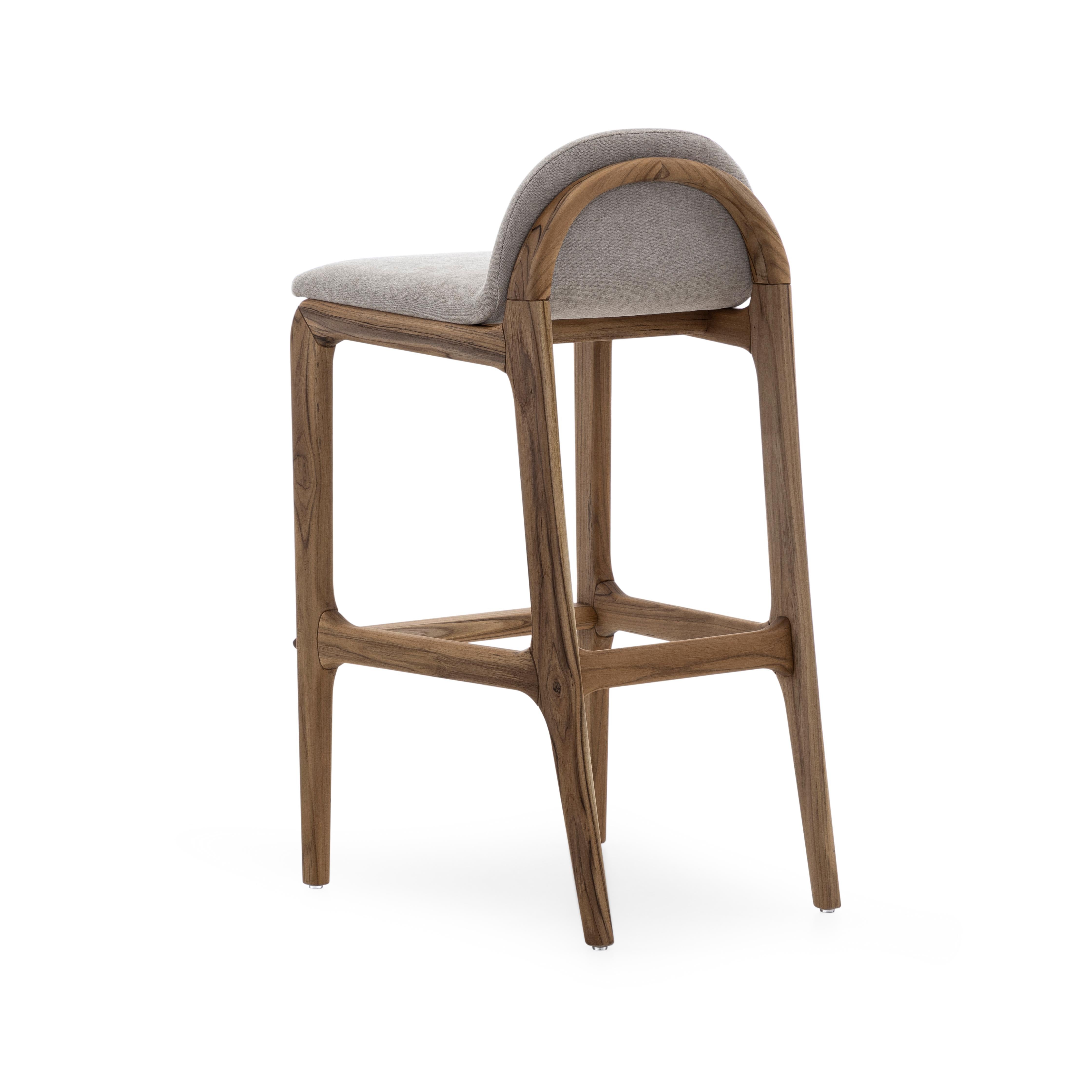 Ura Counter Stool in Teak Wood Finish Base and Upholstered Light Grey Seat In New Condition For Sale In Miami, FL