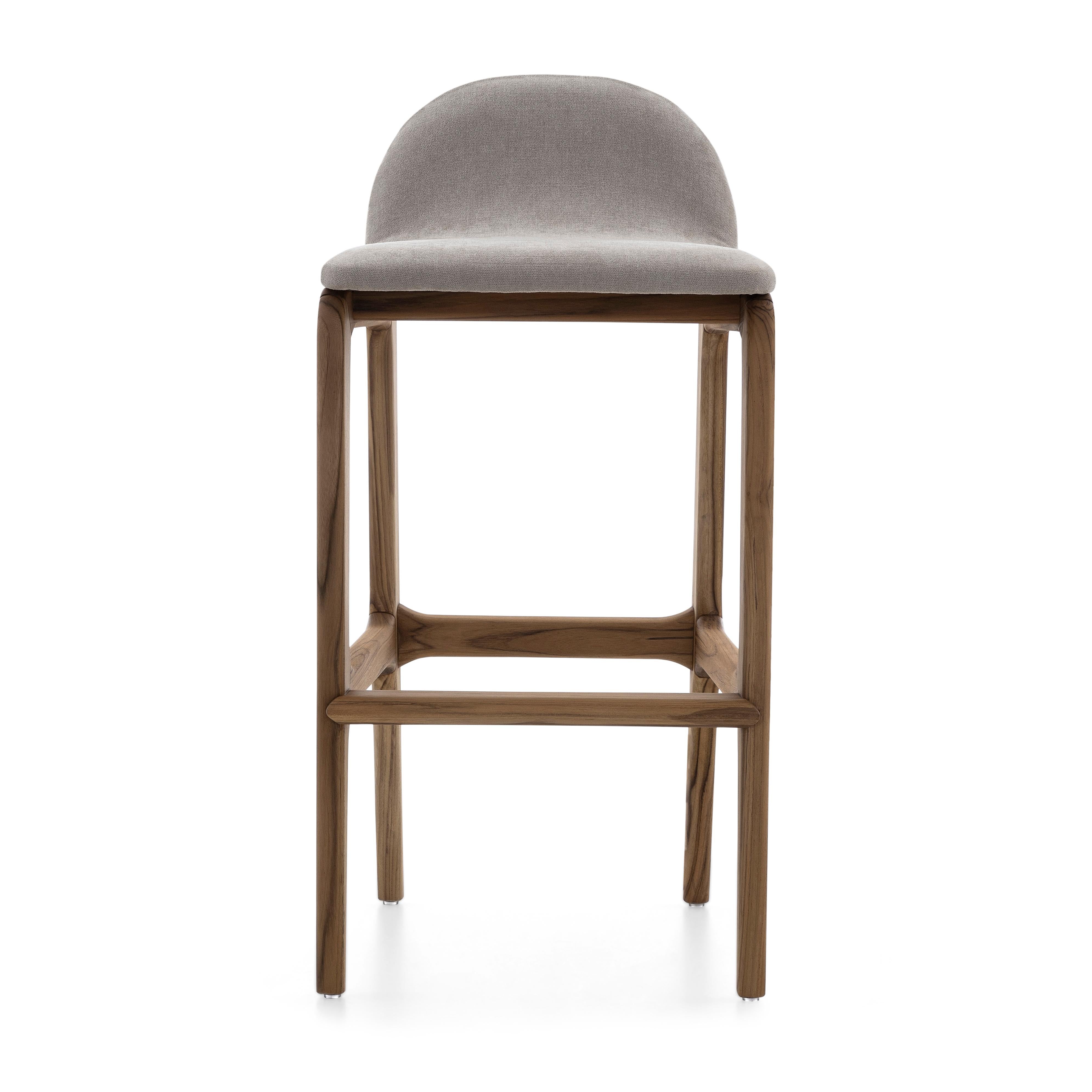 Contemporary Ura Counter Stool in Teak Wood Finish Base and Upholstered Light Grey Seat For Sale
