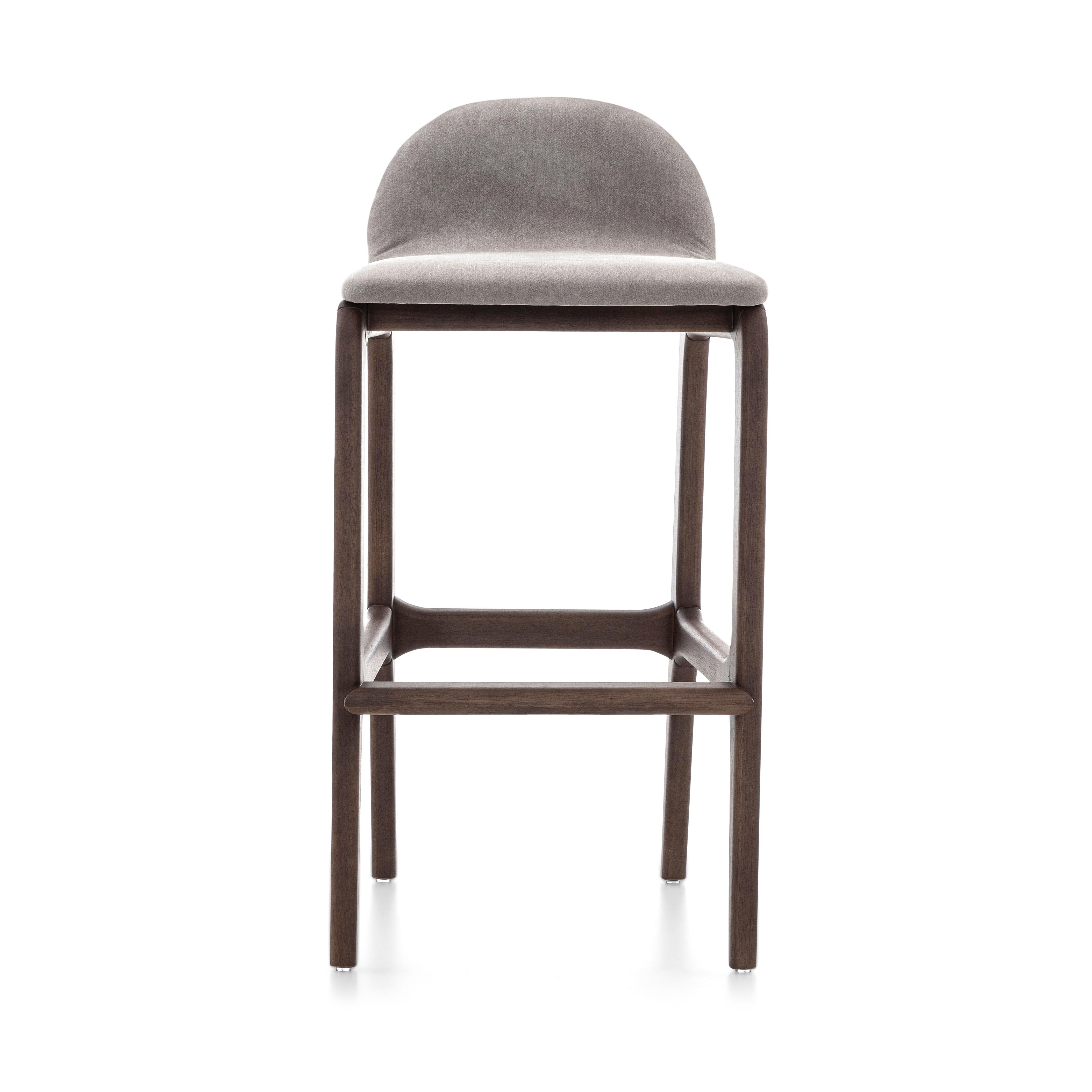 Brazilian Ura Bar Stool in Walnut Wood Finish Base and Upholstered Light Brown Seat For Sale