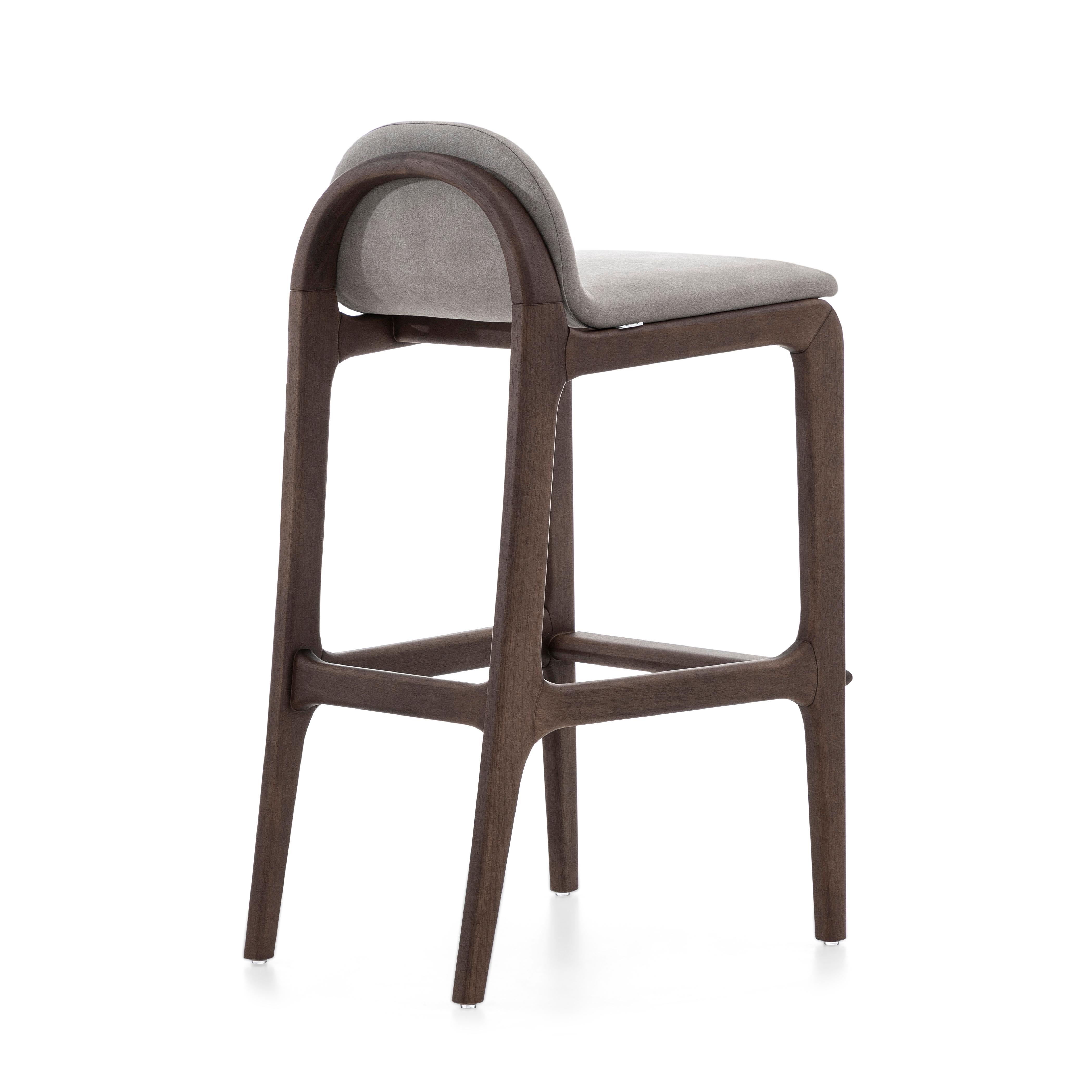 Modern Ura Counter Barstool in Walnut Wood Finish Base and Upholstered Light Brown Seat For Sale