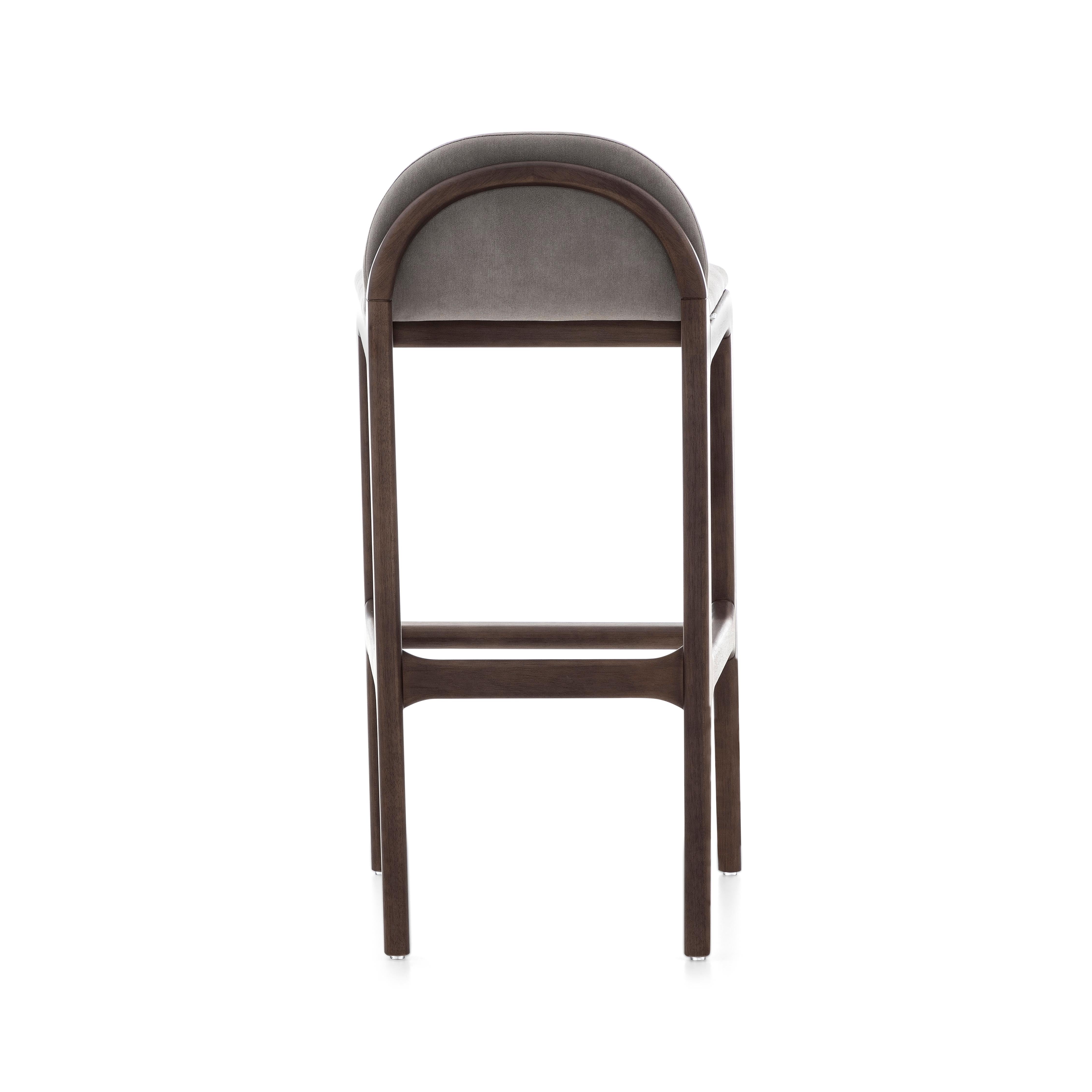 Brazilian Ura Counter Barstool in Walnut Wood Finish Base and Upholstered Light Brown Seat For Sale