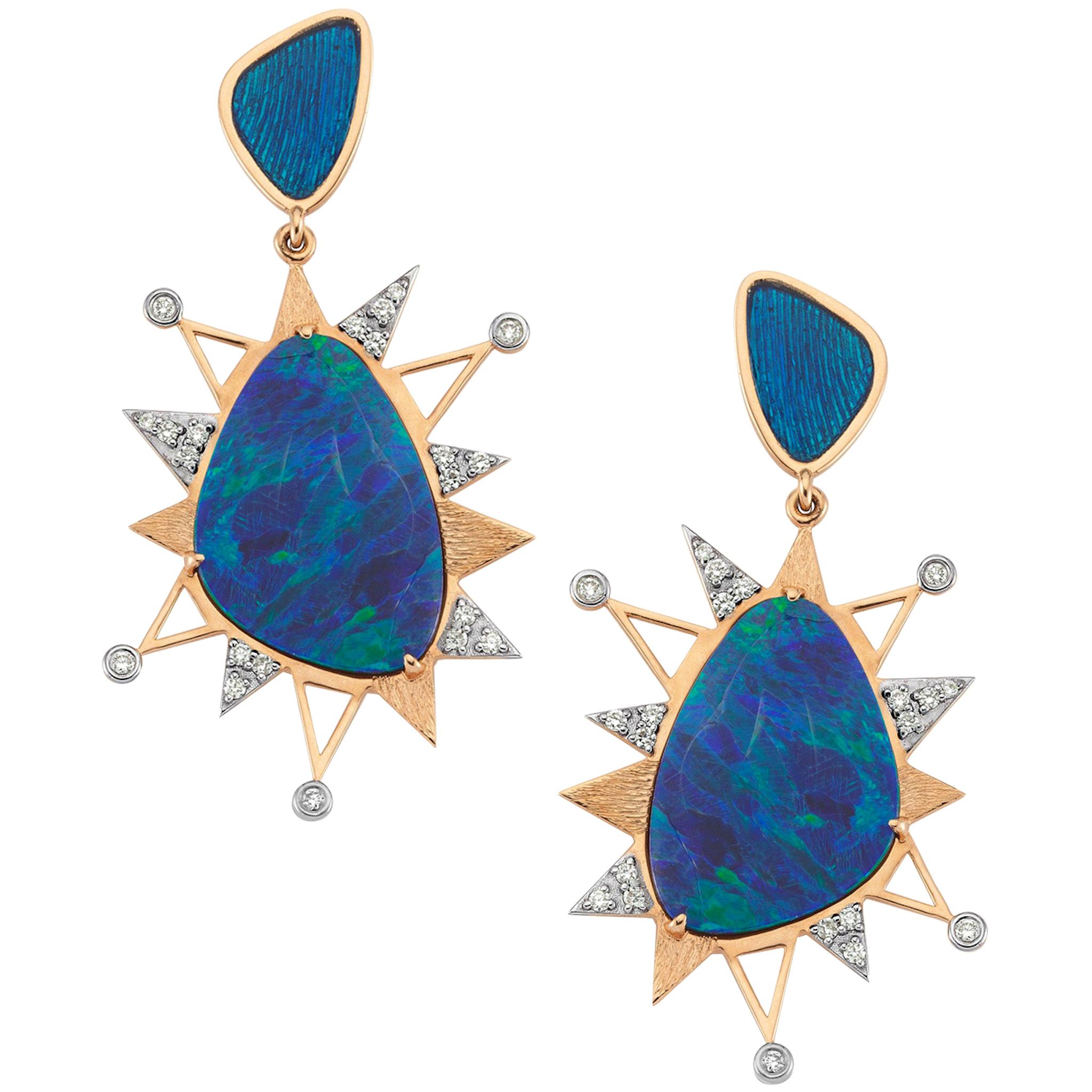 Urania Boucles d'oreilles en or rose 14 carats avec opale et diamants