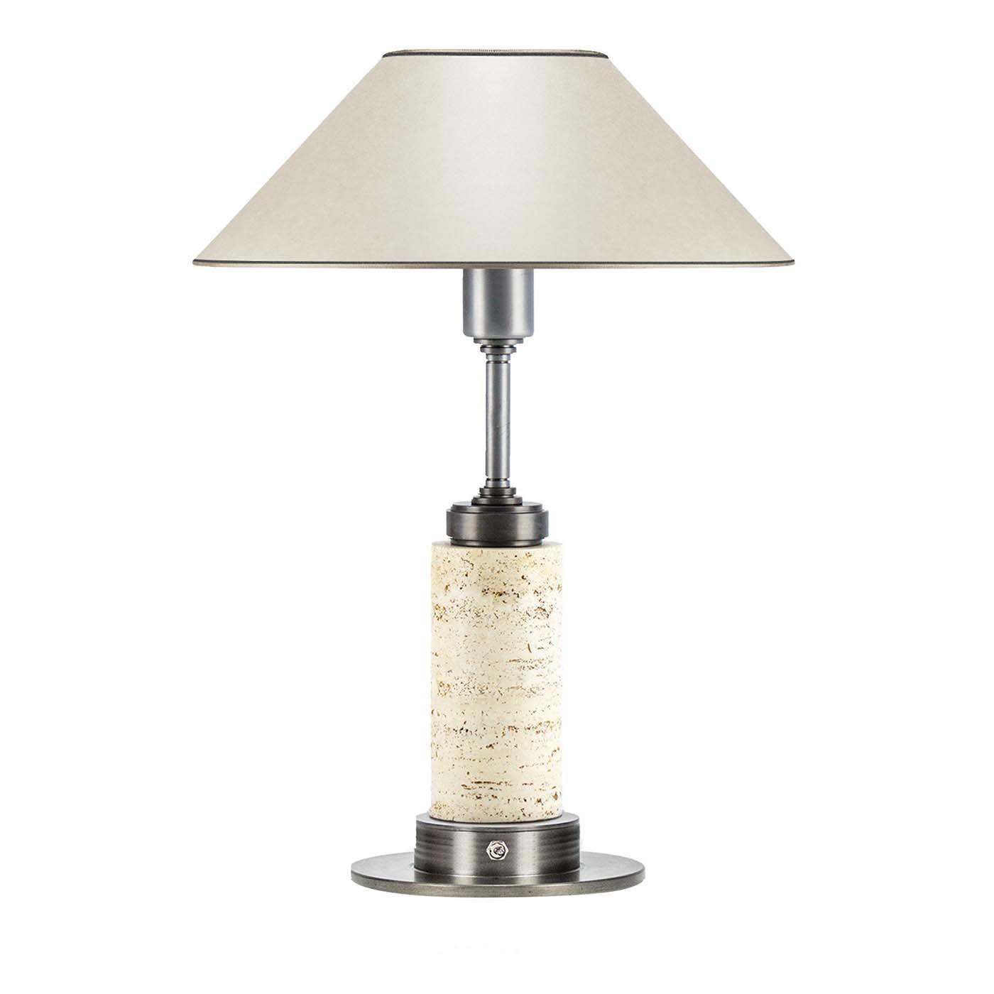 Prized travertine framing the steel structure of this refined abat-jour adds a glamorous look that is sure to steal the show on side tables, desks, and nightstands. Entirely handcrafted, this lighting fixture features a small, circular base and a