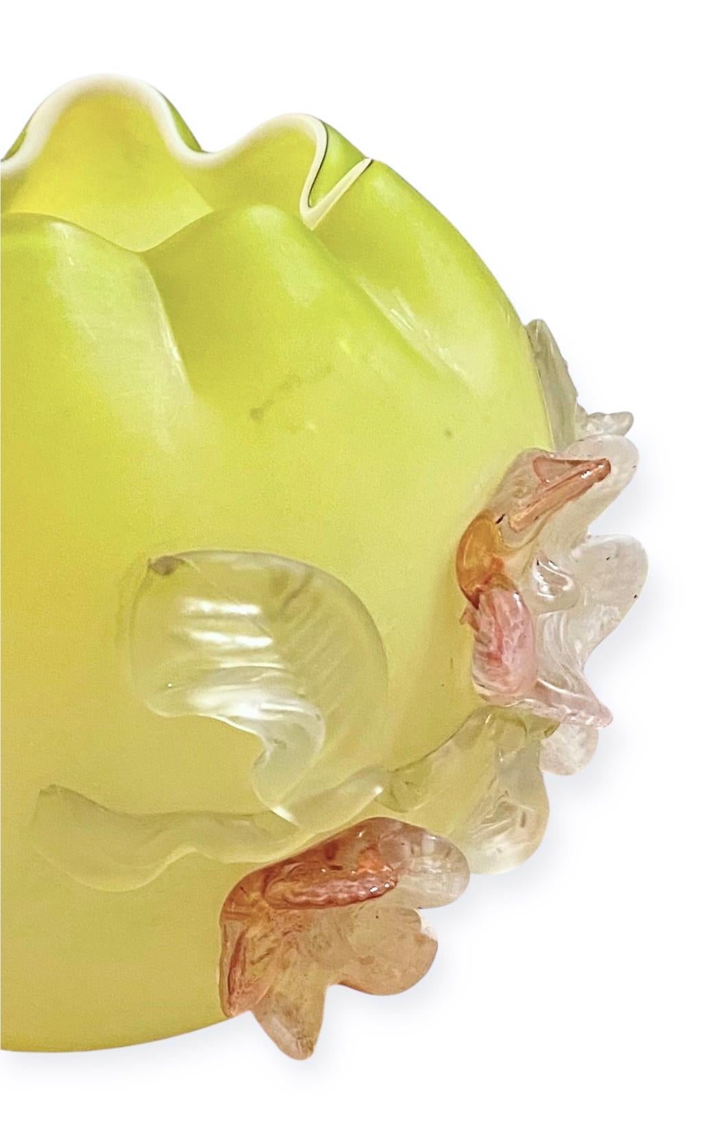 Victorian Uranium Harrach Mat-Su-Noke Rose Bowl Bohemian Art Glass Aesthetic Period For Sale