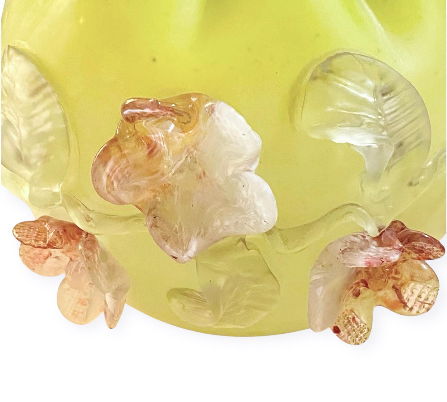 Czech Uranium Harrach Mat-Su-Noke Rose Bowl Bohemian Art Glass Aesthetic Period For Sale